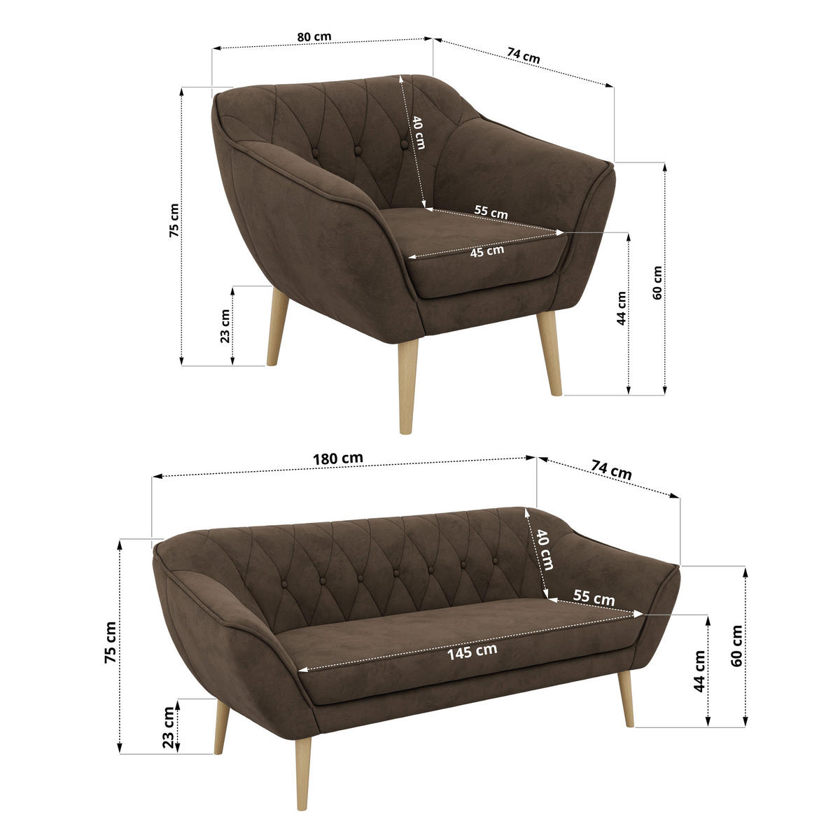 SITZGARNITUR PIRS 3+1+1 - Braun Velvet - Holzbeine - Dunkelbraun/Buchefarben, Holzwerkstoff/Textil (180/75/74cm) - MKS