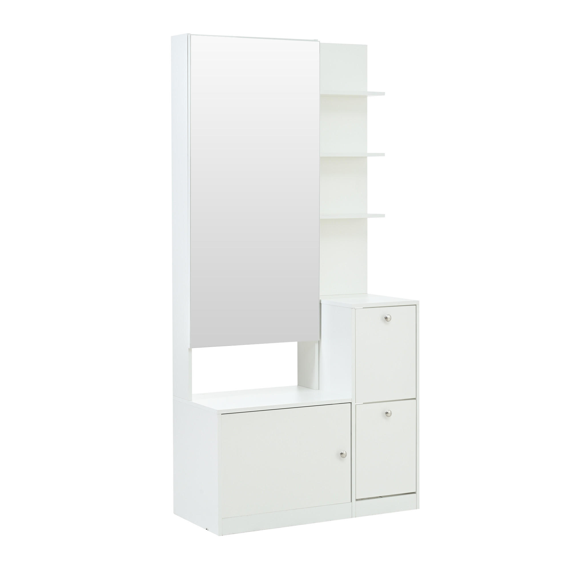 GARDEROBE-SET in Weiß Hochschrank mit Spiegel und Schuhschrank, Flur-Garderobenständer mit 5 Ablagen, B85/T40/H180cm - Weiß, Holzwerkstoff/Metall (273/87/98cm) - STILVORA