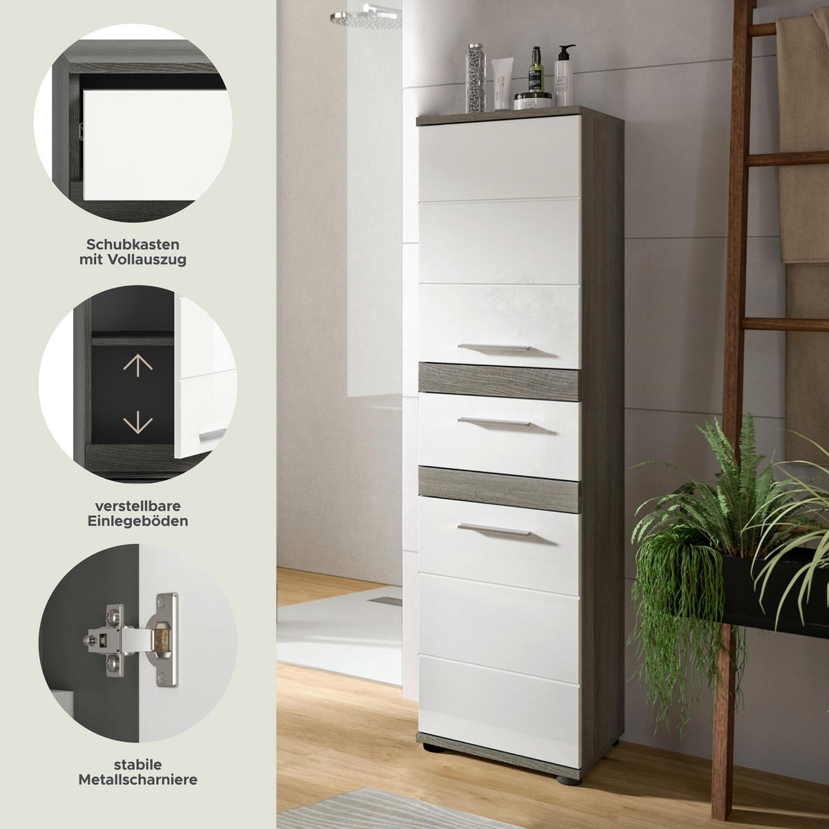 STANDSCHRANK Blake Bad in Rauchsilber Nachbildung und weiß hochglanz B/H/T: 35x137x31 cm - Anthrazit, Holz (35/137/31cm)