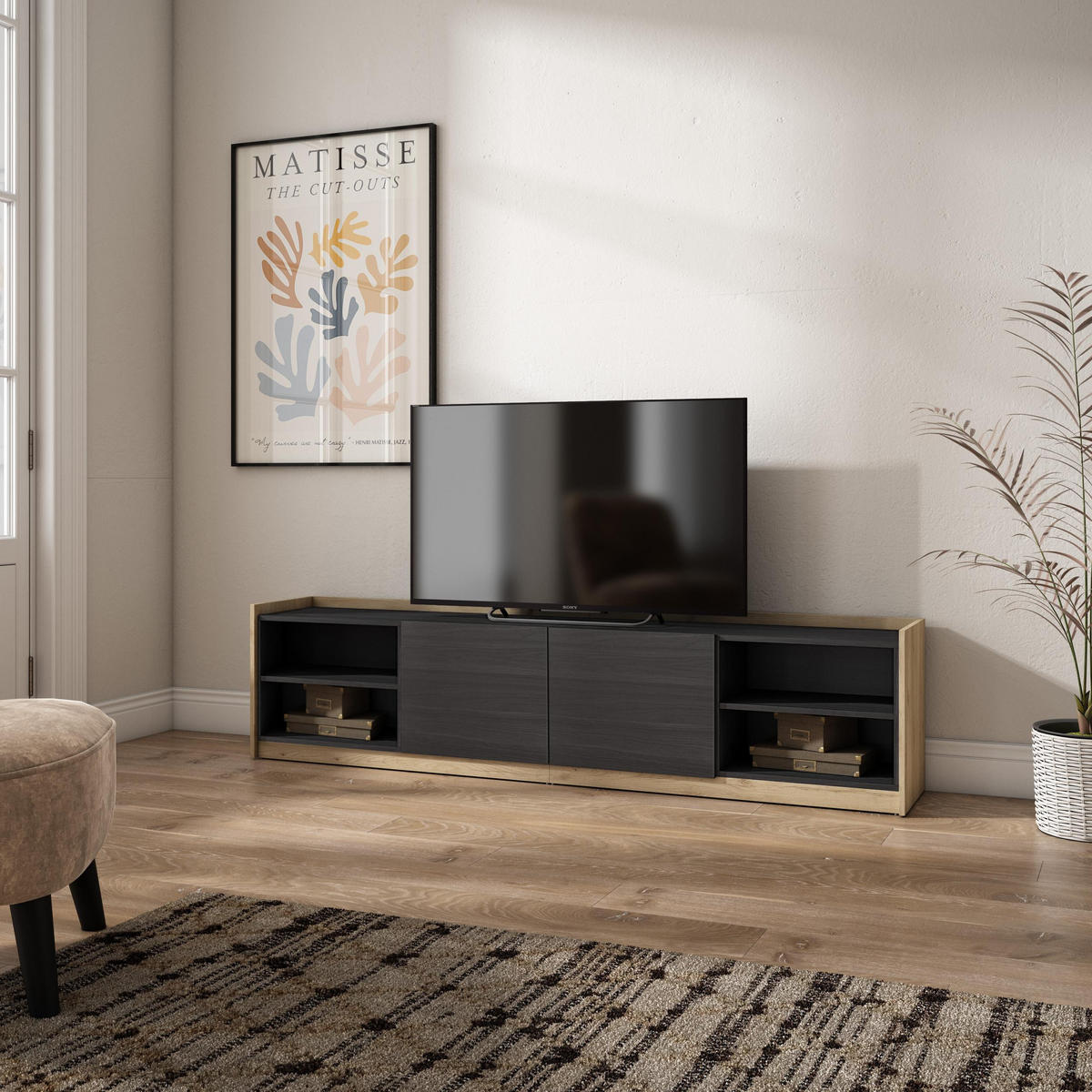 TV-SCHRANK, Lowboard, 207x37x50cm, Für TV-Geräte bis zu 80", Fernsehtisch, Schwarz Eiche - Schwarz, Holzwerkstoff (207/50/37cm) - Skraut Home