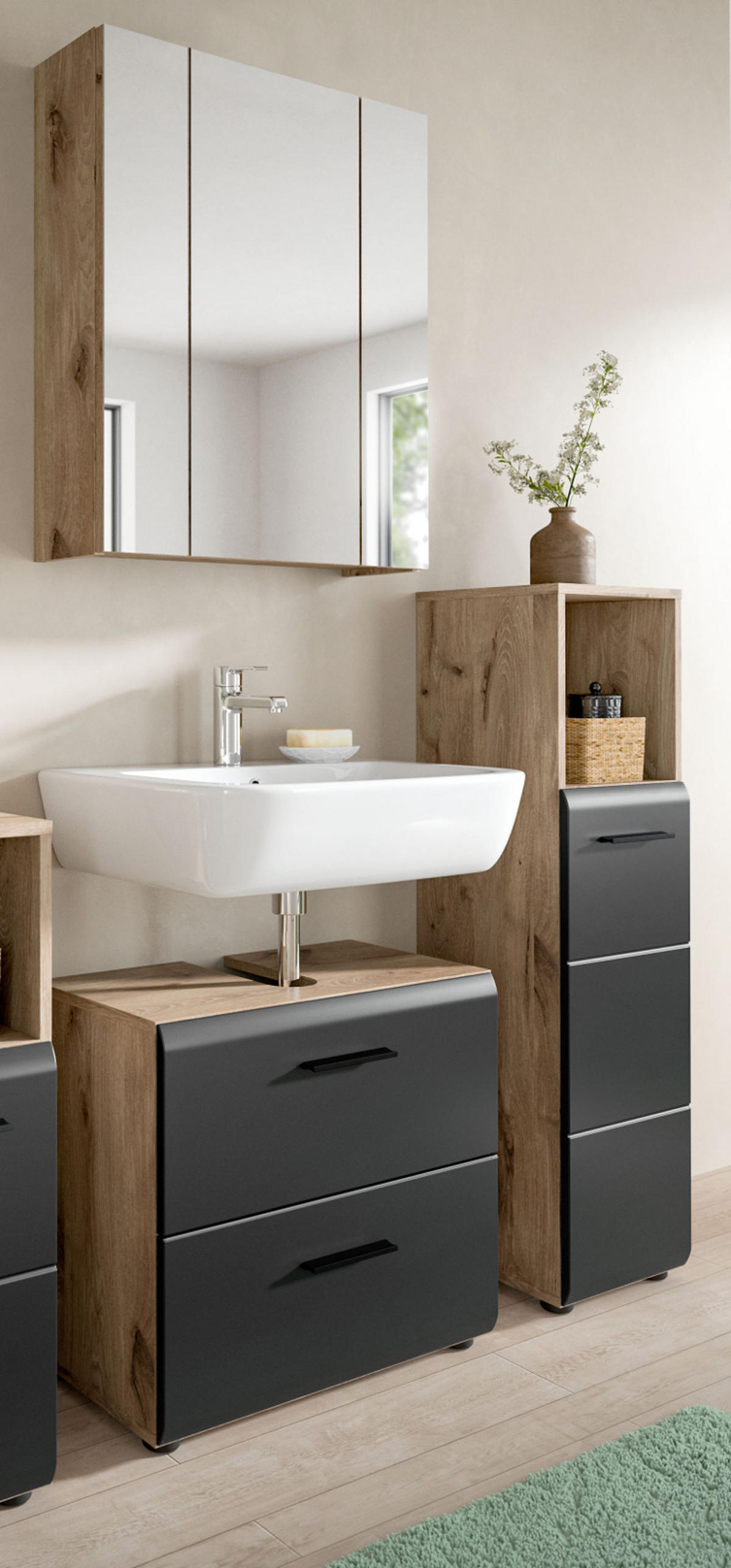 BADMÖBEL-SET 3-teilig schwarz matt, Nox Eiche, Badkombination 105 x 185 cm - Eichefarben/Schwarz, Glas/Holzwerkstoff (105/185/30cm) - Inn.Furn