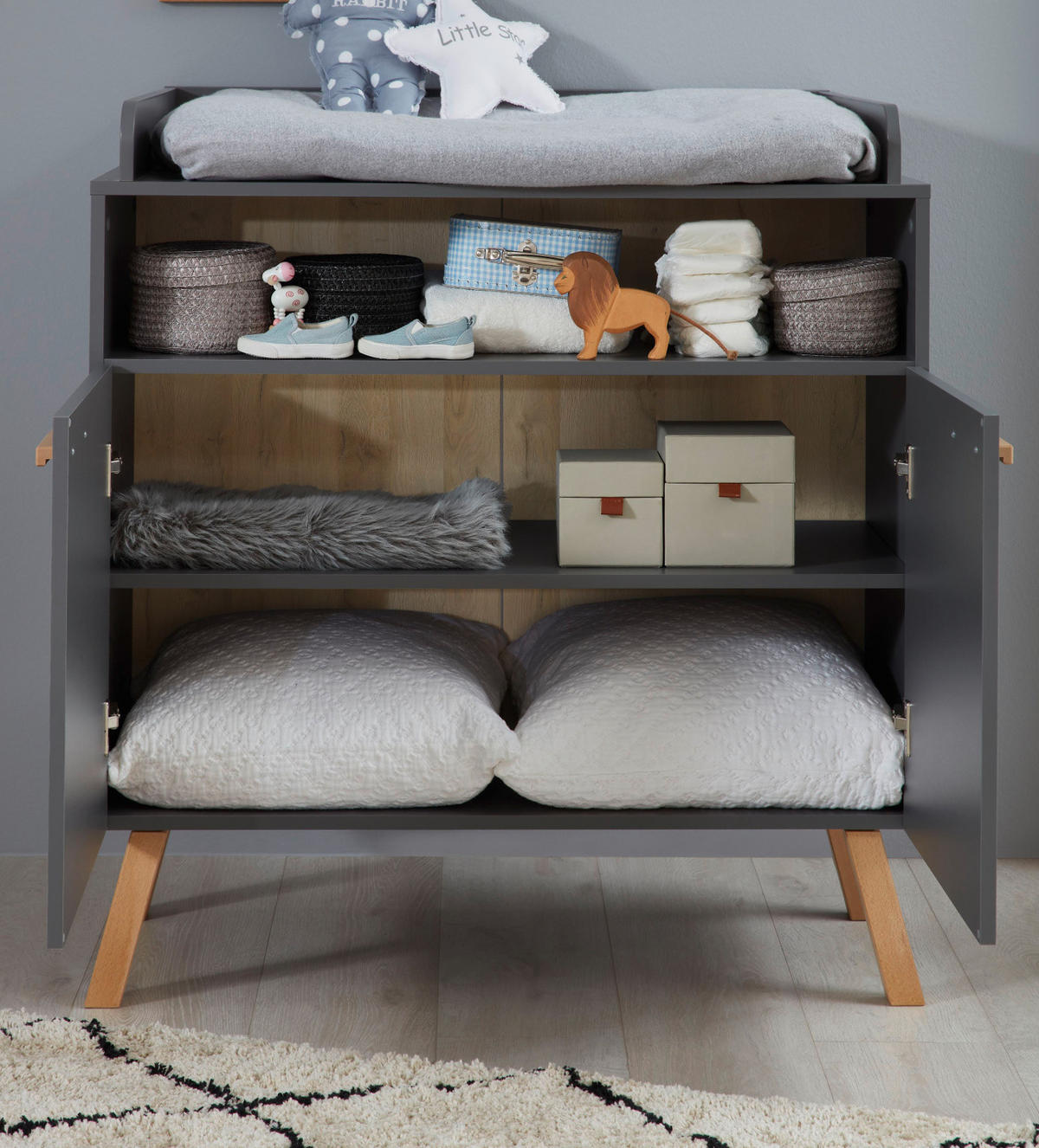 WICKELKOMMODE grau matt mit Buche massiv, Wickeltisch 96 x 105 cm - Eichefarben/Buchefarben, Holz/Holzwerkstoff (78/105/96cm) - Top.Furn