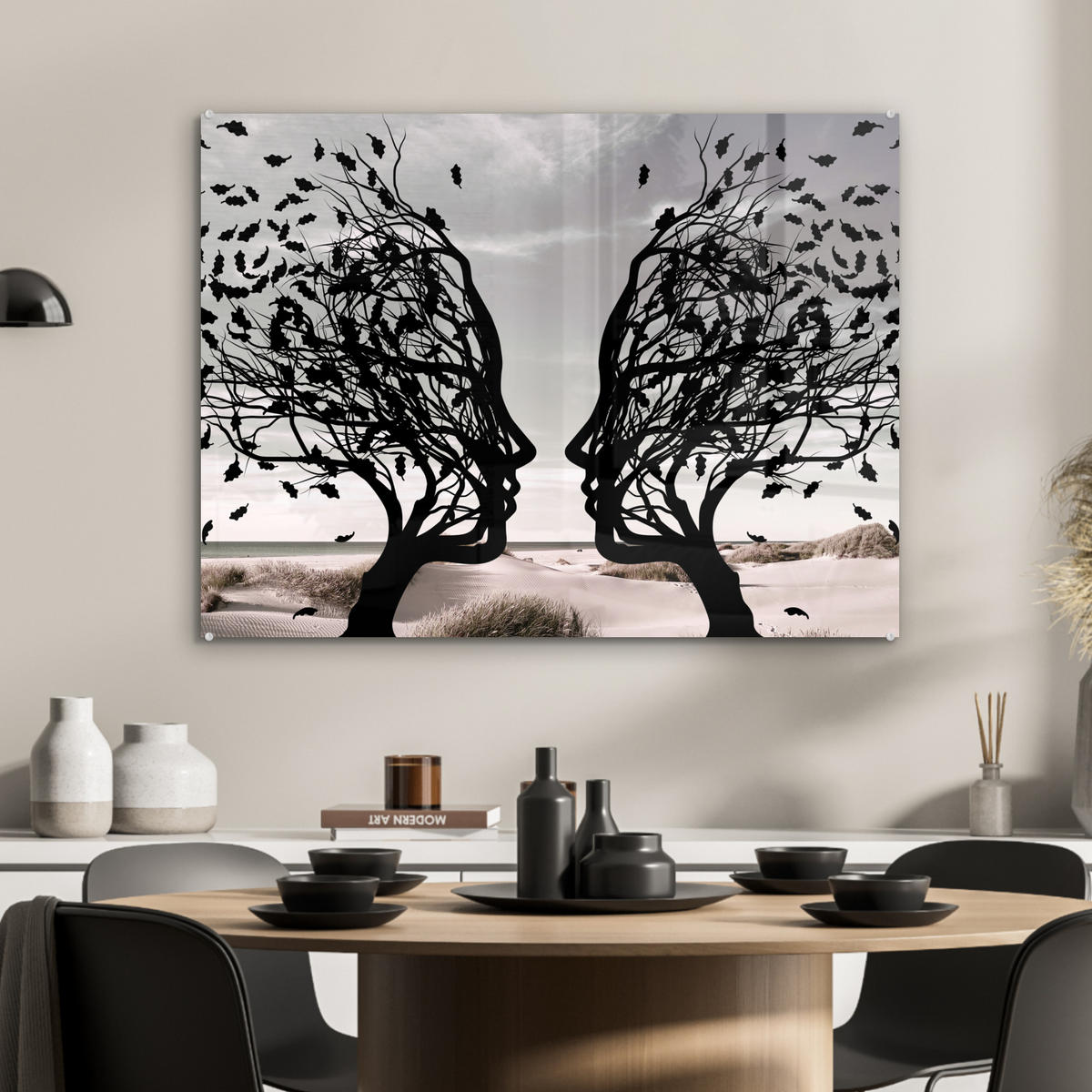ACRYLGLASBILD Strand - Meer - Menschen - Baum - Moderne Kunst 80x60 cm - Hellgrau, Glas (80/60cm) - MuchoWow