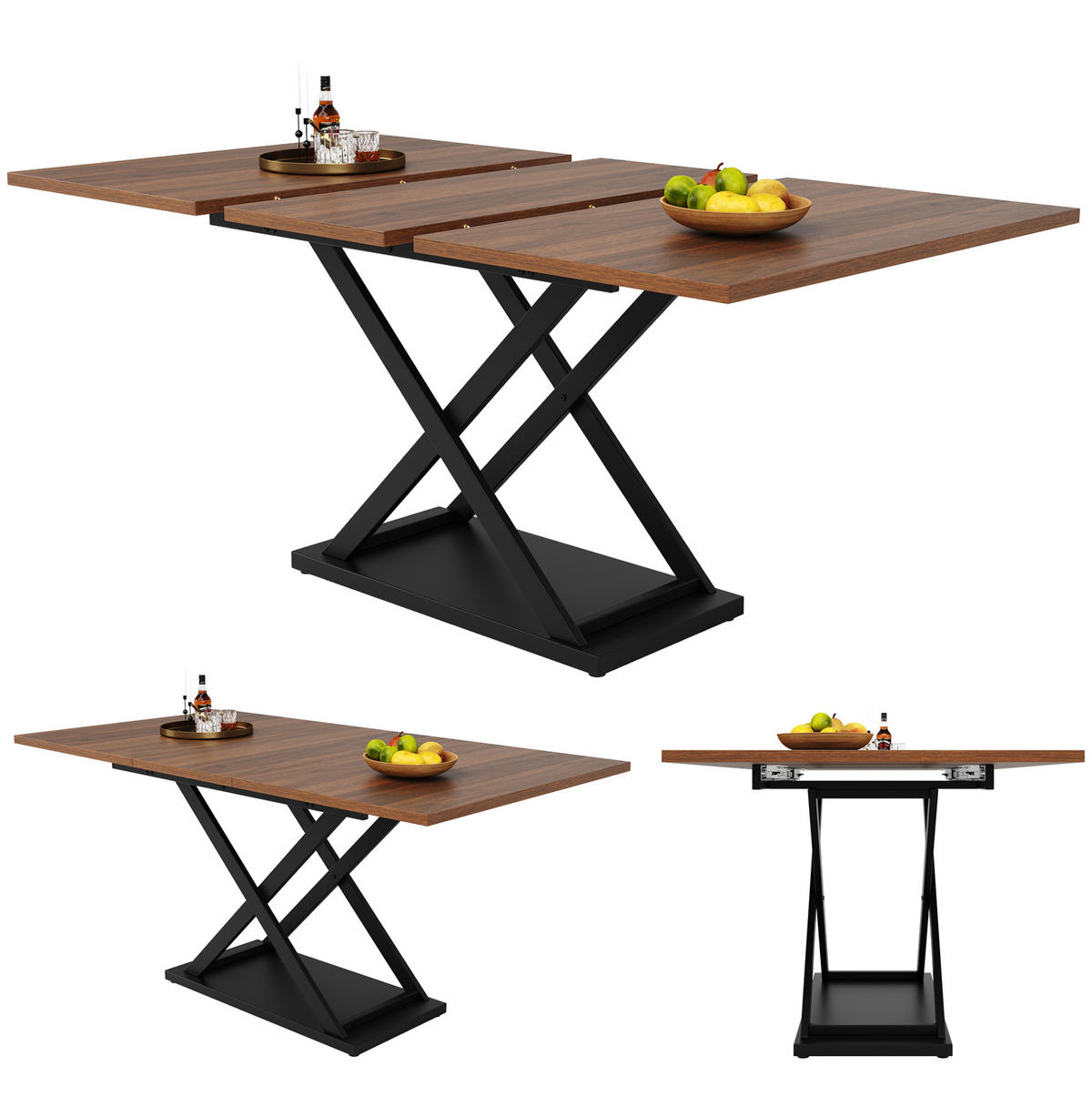 ESSTISCH aus MDF und Metall 120-160x80x75 cm Walnussfarben/Schwarz ausziehbar mit Kreuzgestell - Walnussfarben, Holzwerkstoff (160/80/75cm) - Modfu
