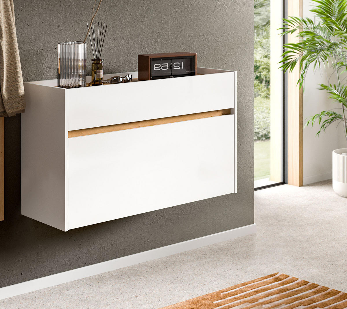 SCHUHKIPPER weiß und Artisan Eiche, Schuhschrank hängend 110 x 61 cm, Borga - Weiß/Eiche Artisan, Holzwerkstoff (110/61/32cm) - Inn.Furn