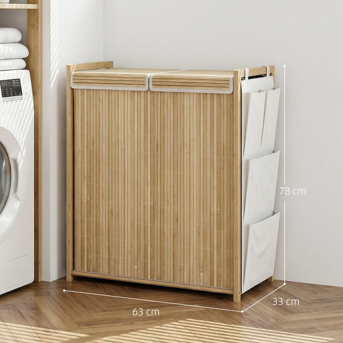 WÄSCHEKORB Bambus 120L mit Deckel, 2 Wäschesäcken & Seitentaschen Natur - Naturfarben, Naturmaterialien (63/78/33cm) - Urban Meuble