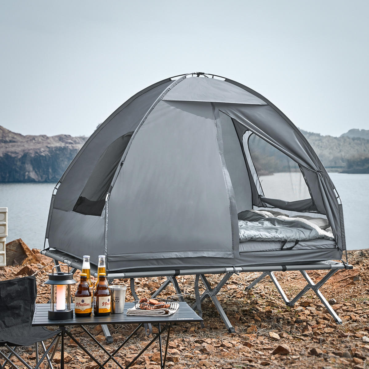 FELDBETT 2 Personen - Hellgrau, Textil/Metall (193/188/145cm) - SoBuy