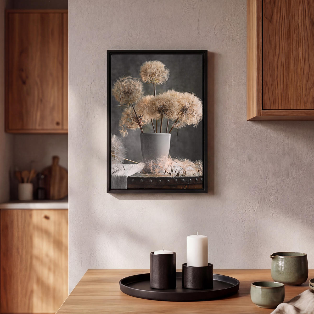 LEINWAND Bilder mit Rahmen - Blumensamen - Löwenzahn - Vase - Stilleben - Blumenstrauß - 20x30 - Dunkelgrau, Textil (20/30cm) - MuchoWow
