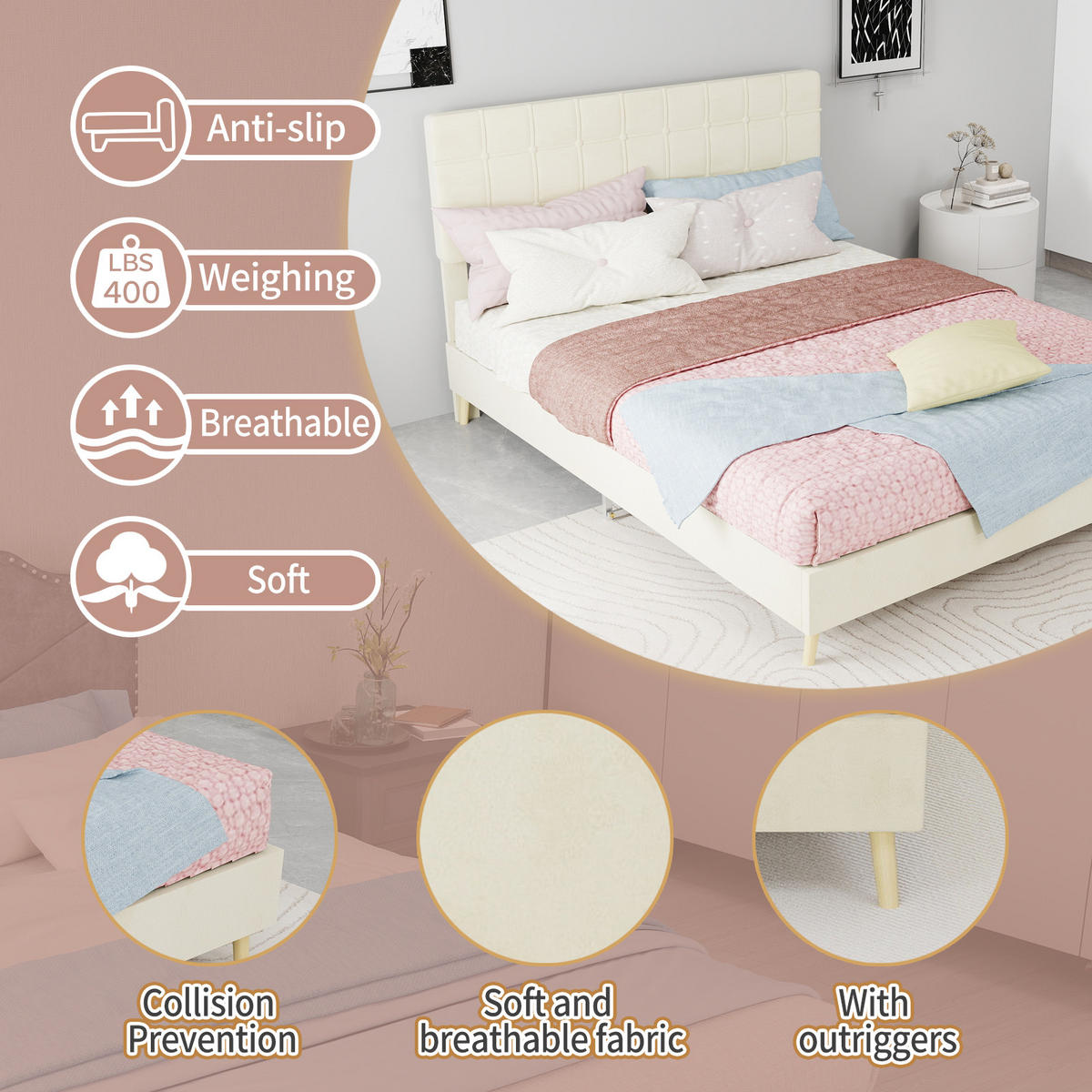 POLSTERBETT mit Karosteppung 140x200 cm Stoff Beige - Beige, Metall (140/200cm) - Meubliv