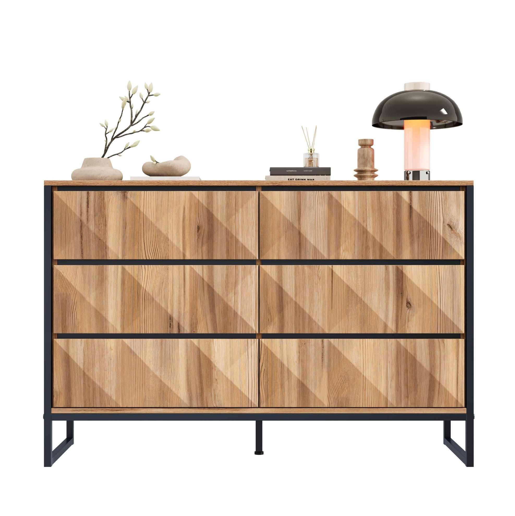 SIDEBOARD 120/40/80 cm mit 6 Schubladen in Schwarz & Natur im industriellen Look - Naturfarben, Holzwerkstoff (120/80/40cm) - BEAOK