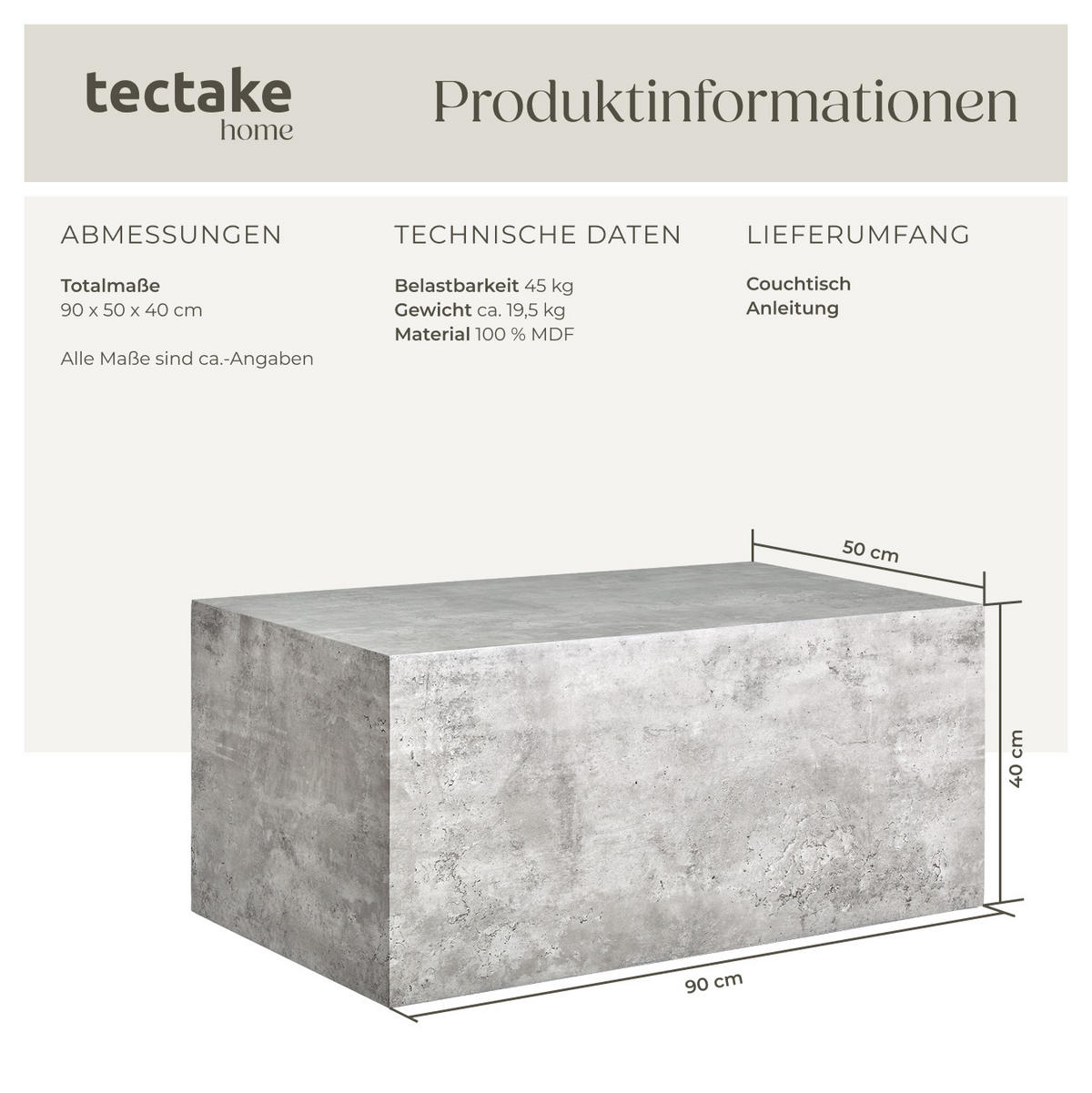 COUCHTISCH Lasley,90 x 50 x 40 cm,Beton Optik - Grau, Holz (50/90/40cm) - tectake