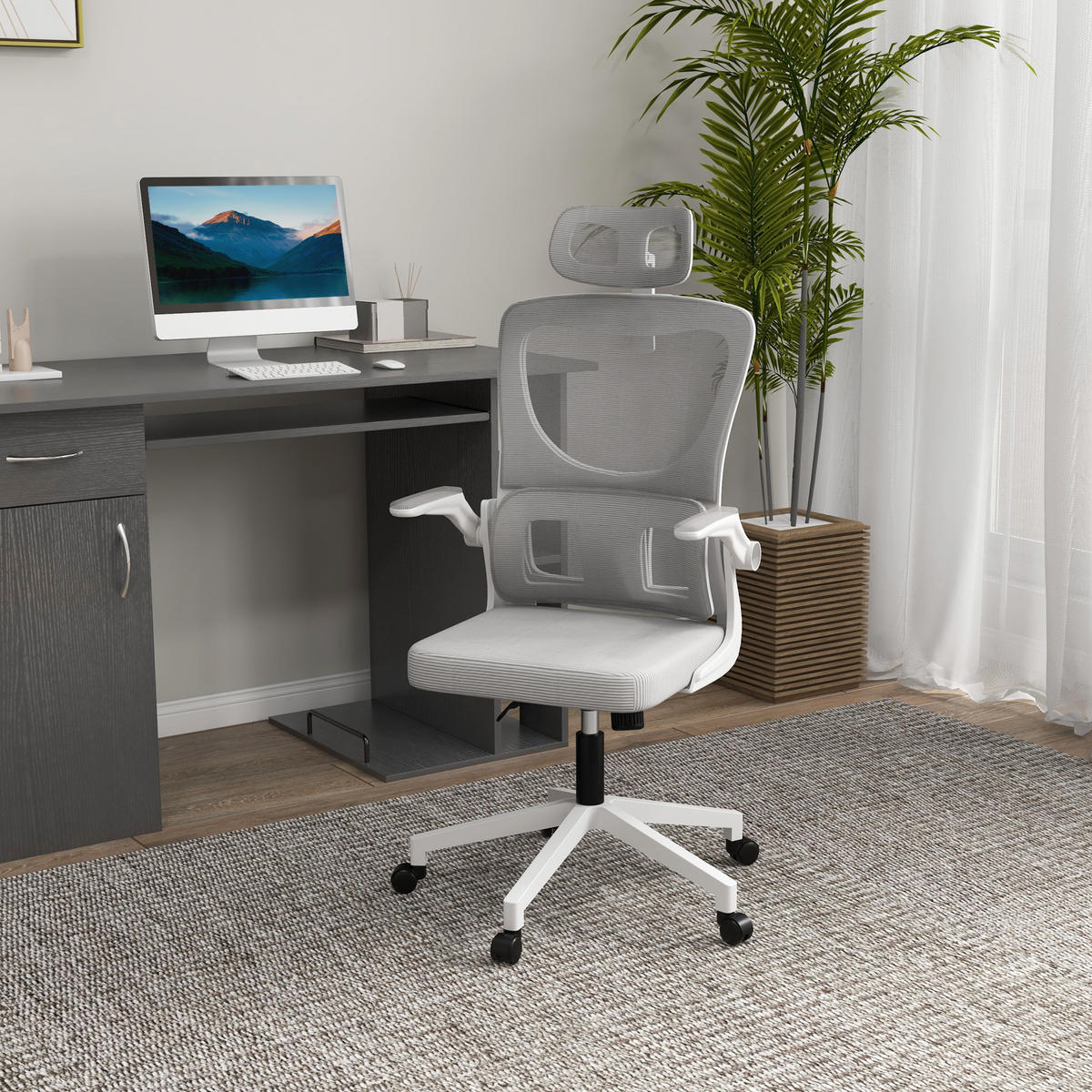 BÜROSTUHL, höhenverstellbar, verstellbare Kopfstütze, bis 120 kg, 60x59x114-122 cm, Grau - Grau, Textil (59/122/60cm)