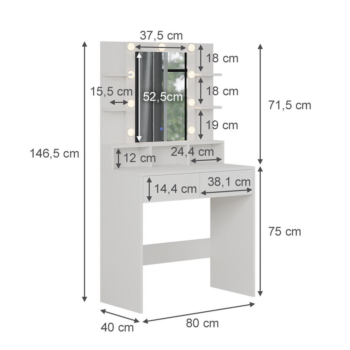 SCHMINKTISCH Taylor Weiß 80 cm mit LED Beleuchtung - Weiß, Holzwerkstoff (80/146.5/40cm) - Vicco