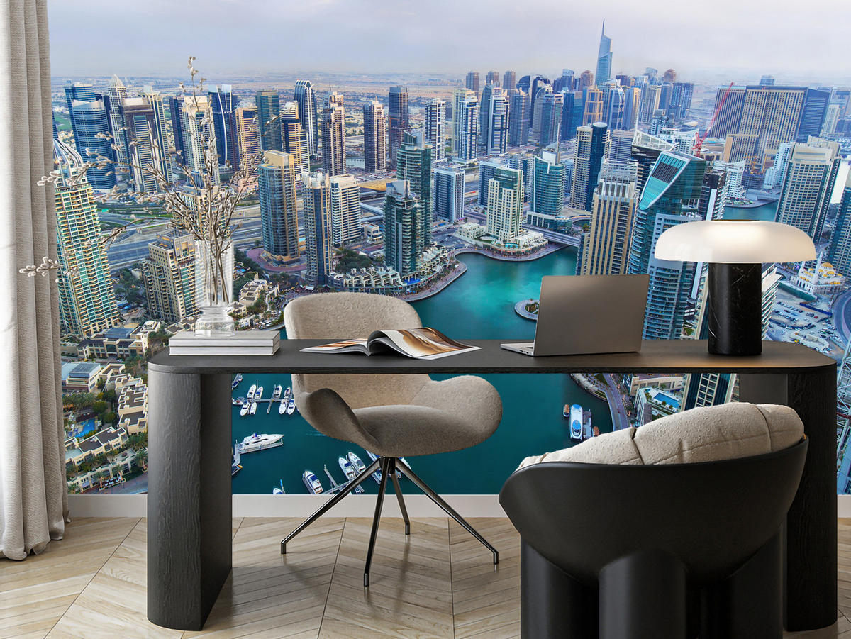 FOTOTAPETE für Wohnzimmer Dubai Vogelperspektive Wolkenkratzer 450x315 - Türkis/Blau, Papier (450/315cm) - Muralo