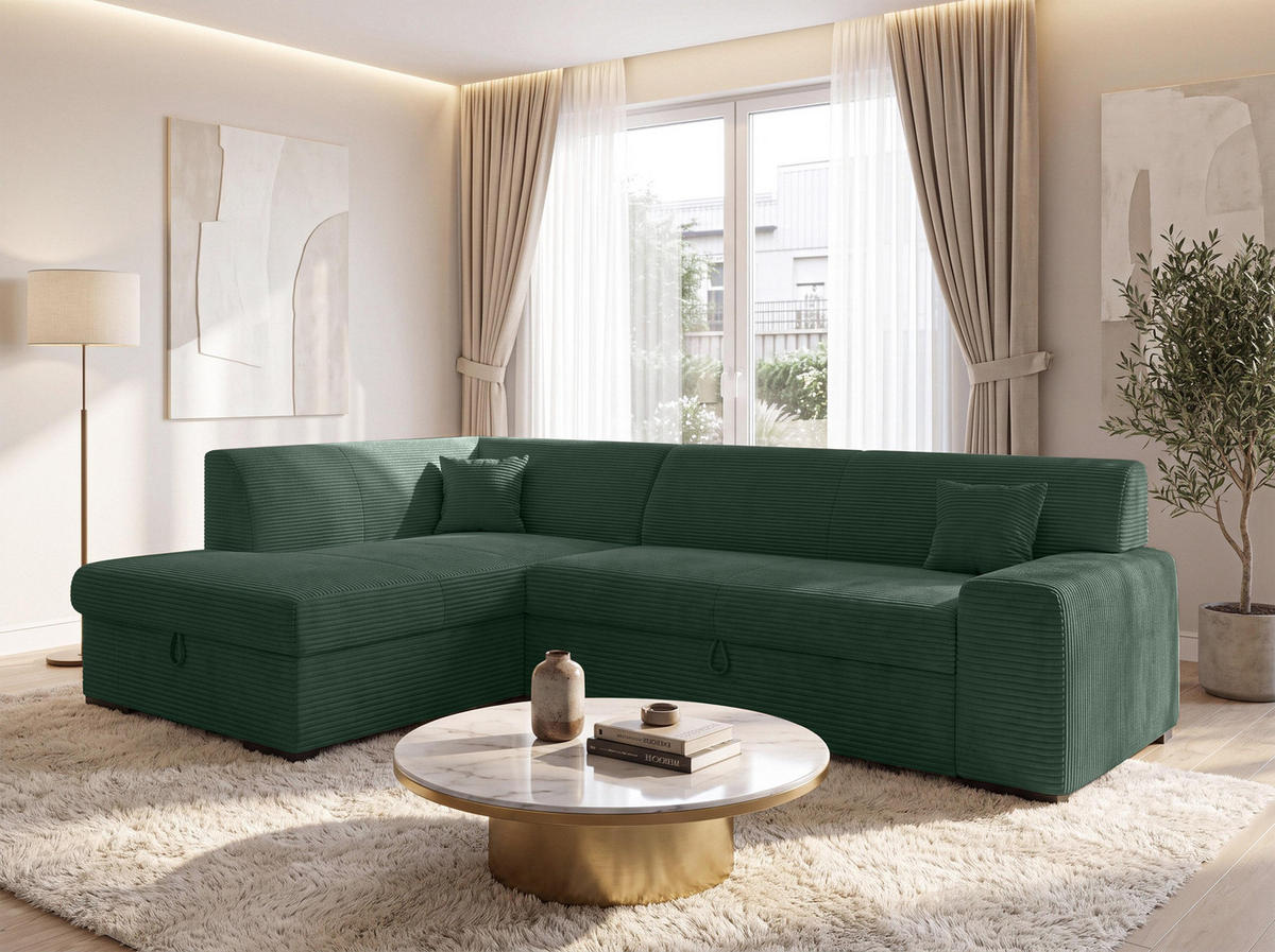 ECKSOFA L Form Minosa Flaschengrün 260/175/71 cm Links mit Schlaffunktion - Dunkelgrün/Schwarz, Kunststoff/Textil (260/175cm) - AX Living