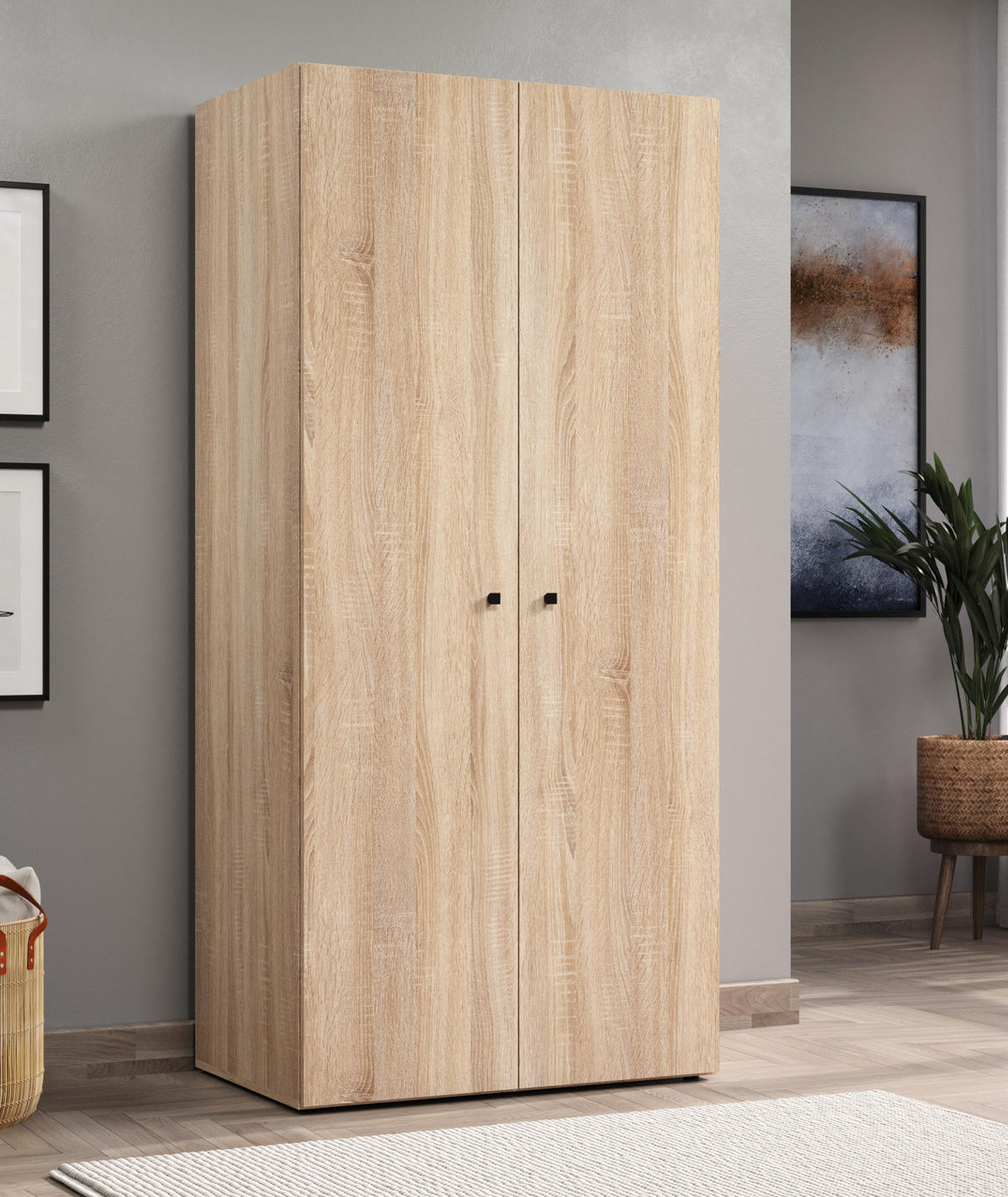 KLEIDERSCHRANK Eiche Sonoma hell 81 x 176 cm, Drehtürenschrank 2-türig - Schwarz/Sonoma Eiche, Holzwerkstoff/Kunststoff (81/176/51cm) - Top.Furn