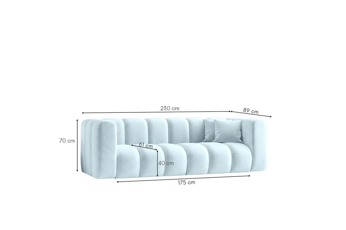 SOFA 3-Sitzer Modulares, Velvet-Stoff Riviera, Babyblau, GRAND - Hellblau, Holz (230/70/89cm) - Kaiser Möbel