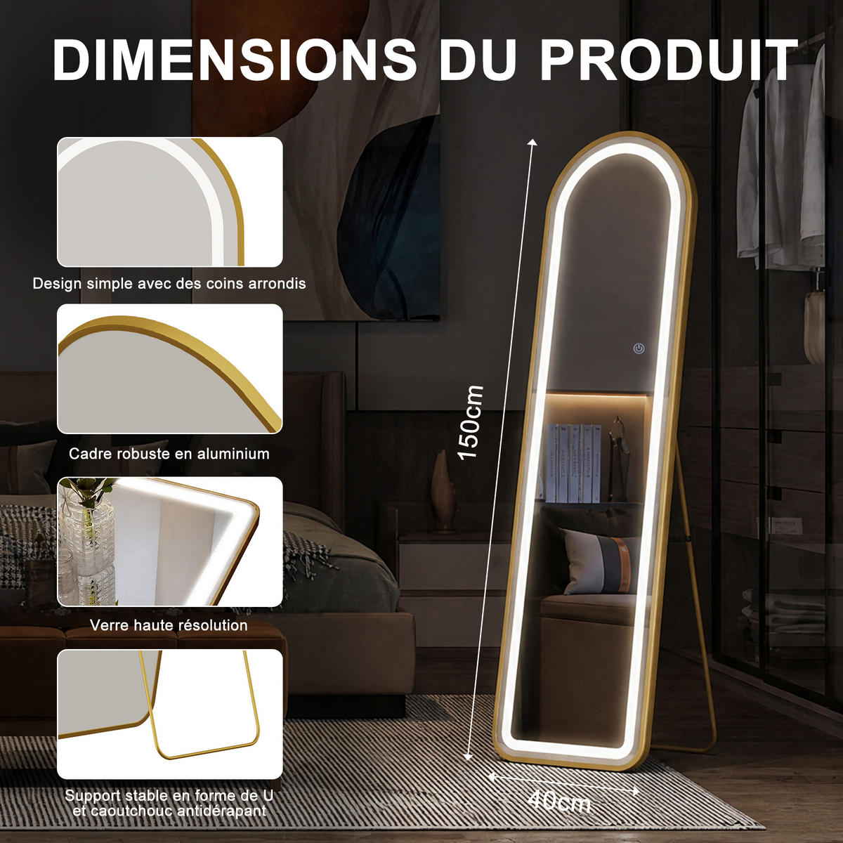 WANDSPIEGEL LED 150 x 40 cm aus Sicherheitsglas, Bogenform, gold - Goldfarben, Metall (40/150/3cm)
