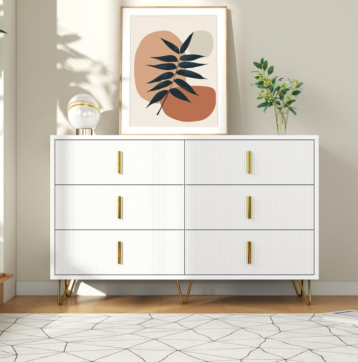 SIDEBOARD 120/77/40 cm Weiß/Gold aus Spanplatte mit 6 Schubladen - Weiß, Holzwerkstoff (40/77/120cm) - OKMYHOME