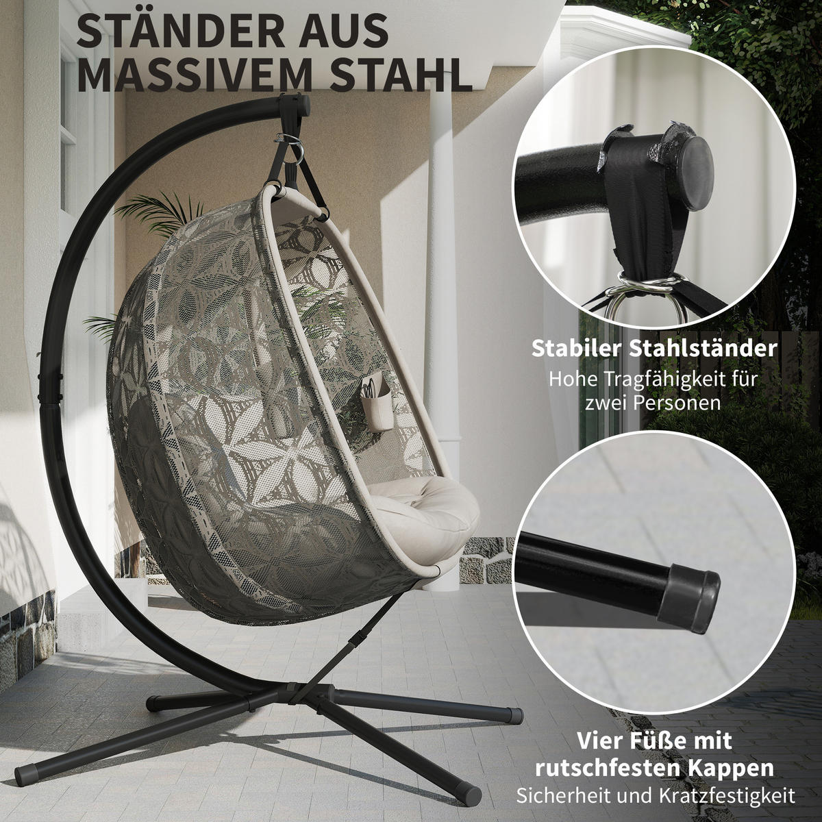 HÄNGESESSEL Mit Gestell DE-07068 mit Becherhaltern, Sicherheitsgurt - Sandfarben, Metall (126/176/126cm) - ComfortXL