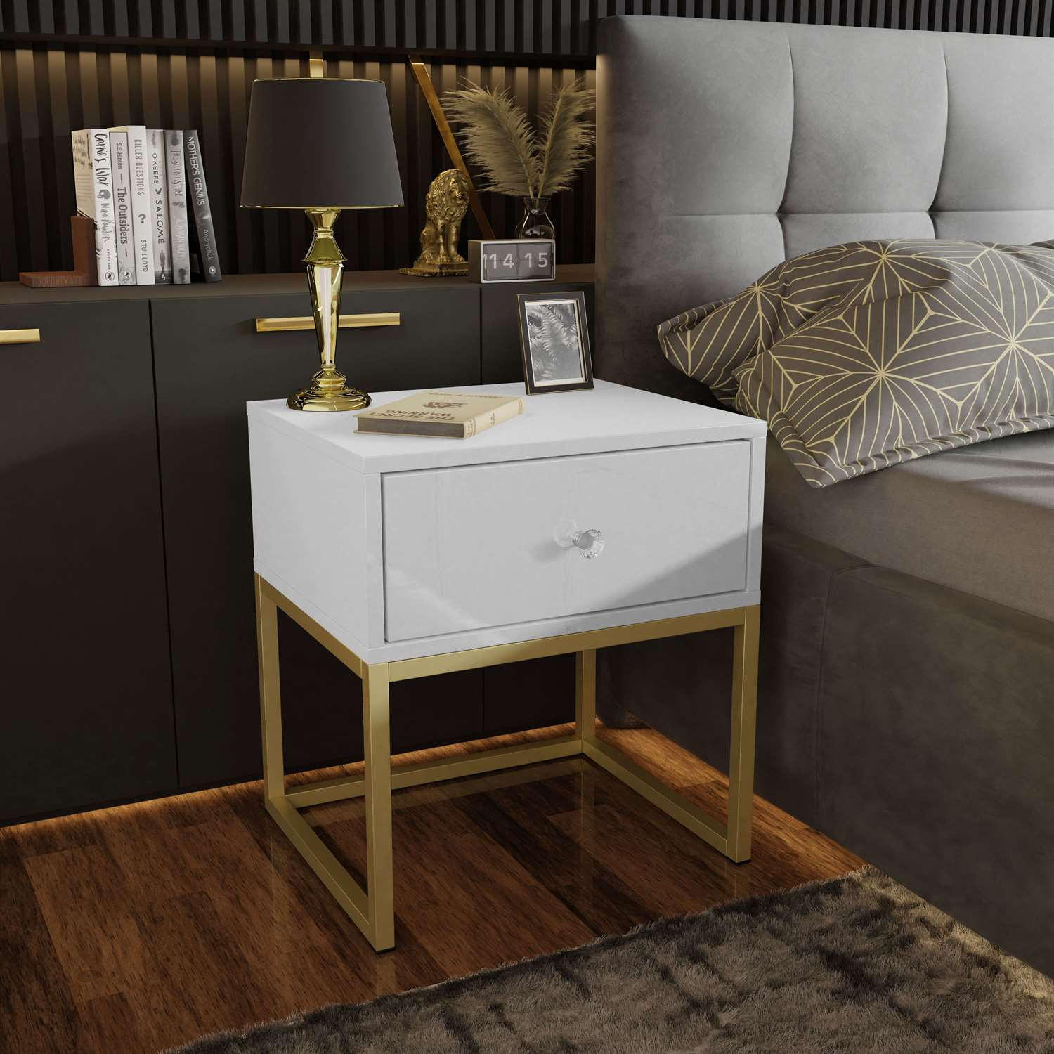 Nachttisch BLANCO GOLD auf goldenem Gestell Weiß Hochglanz Kristallgriff - Weiß Hochglanz, Holzwerkstoff (45/53/36.6cm) - Lookway