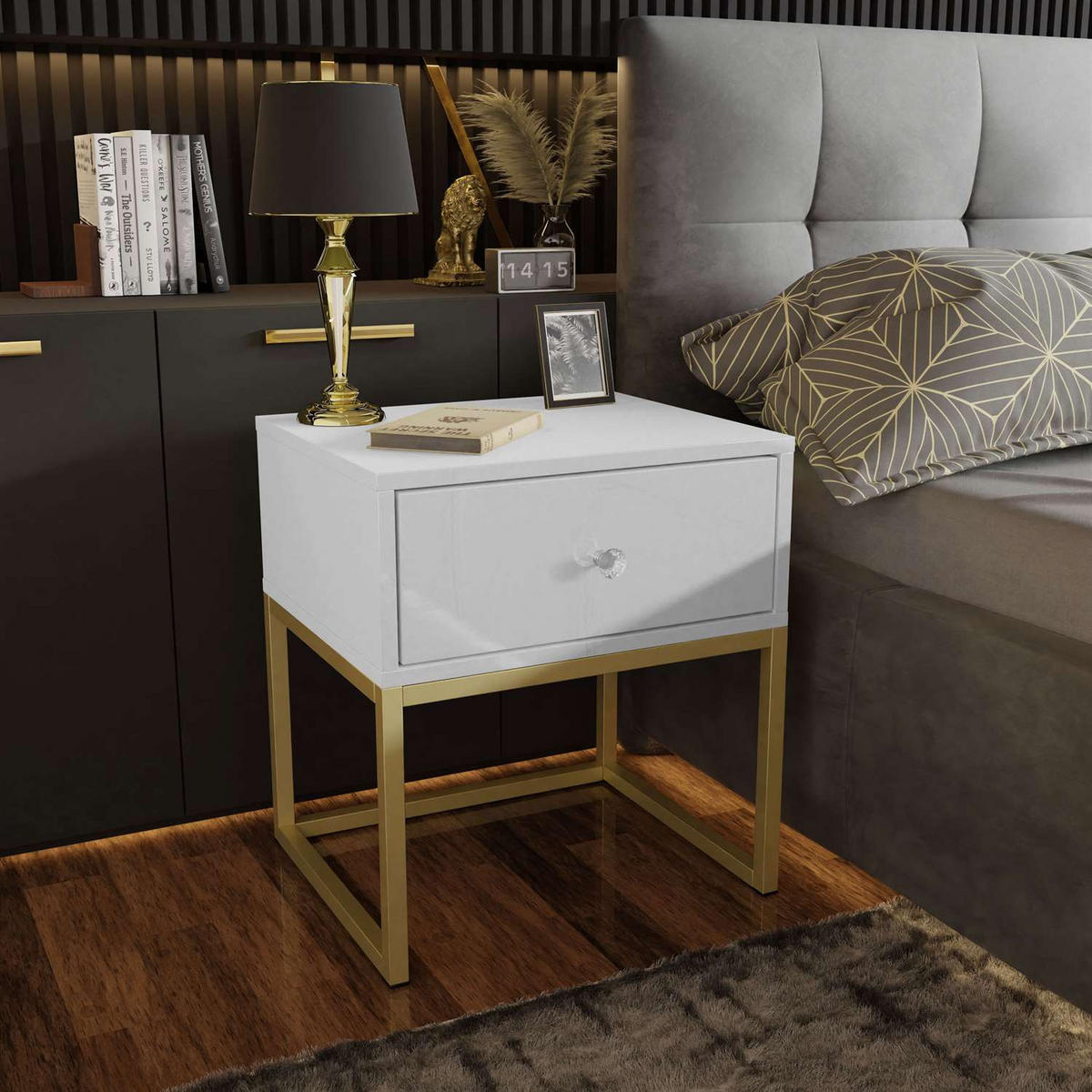 NACHTTISCH BLANCO GOLD auf goldenem Gestell Weiß Hochglanz Kristallgriff - Weiß Hochglanz, Holzwerkstoff (45/53/36.6cm) - Lookway