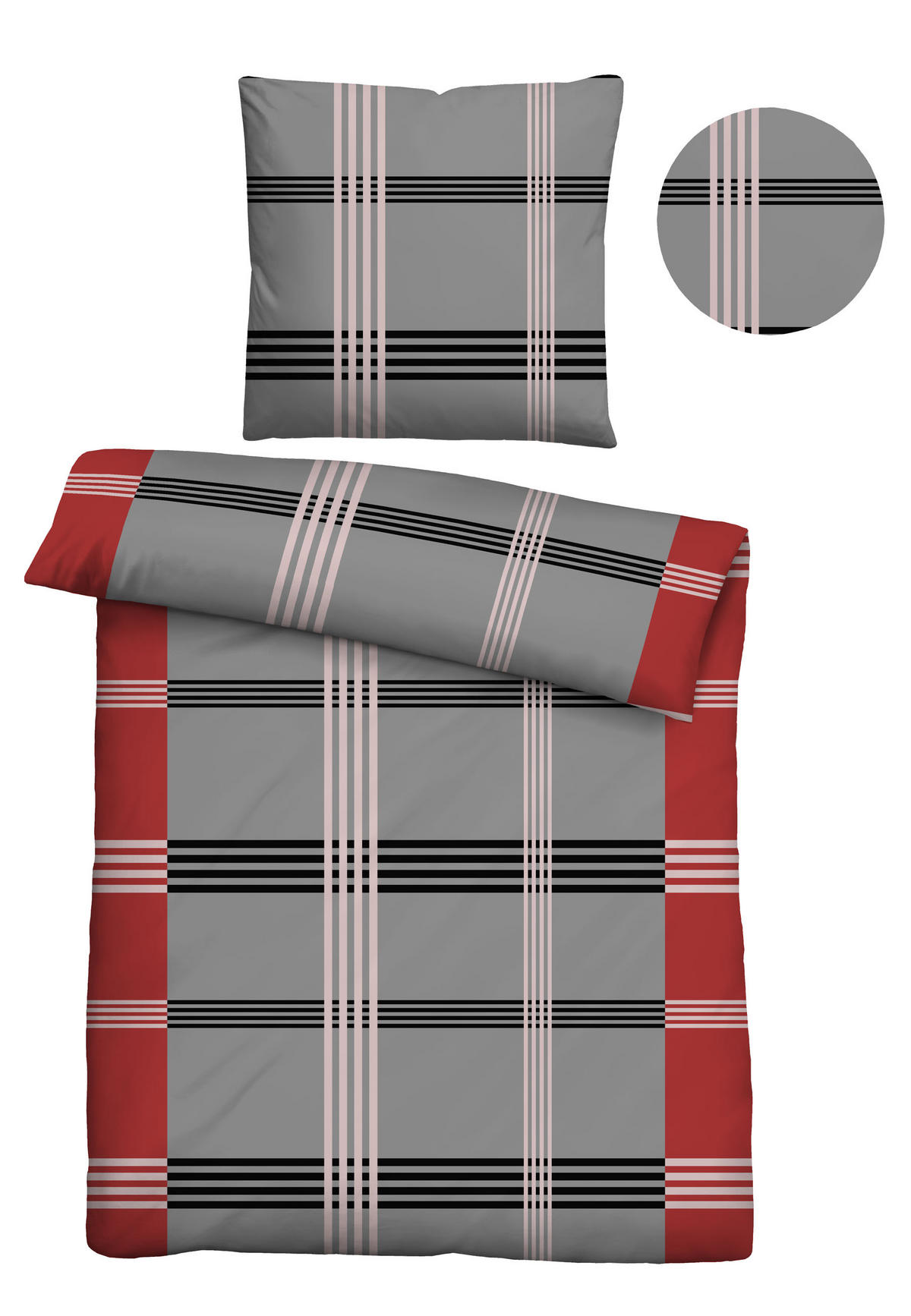 BETTWÄSCHE-GARNITUR Renforcé Karo-streifen rot, 135x200 cm + 80x80 cm - Rot, Textil (135/200cm) - Castell