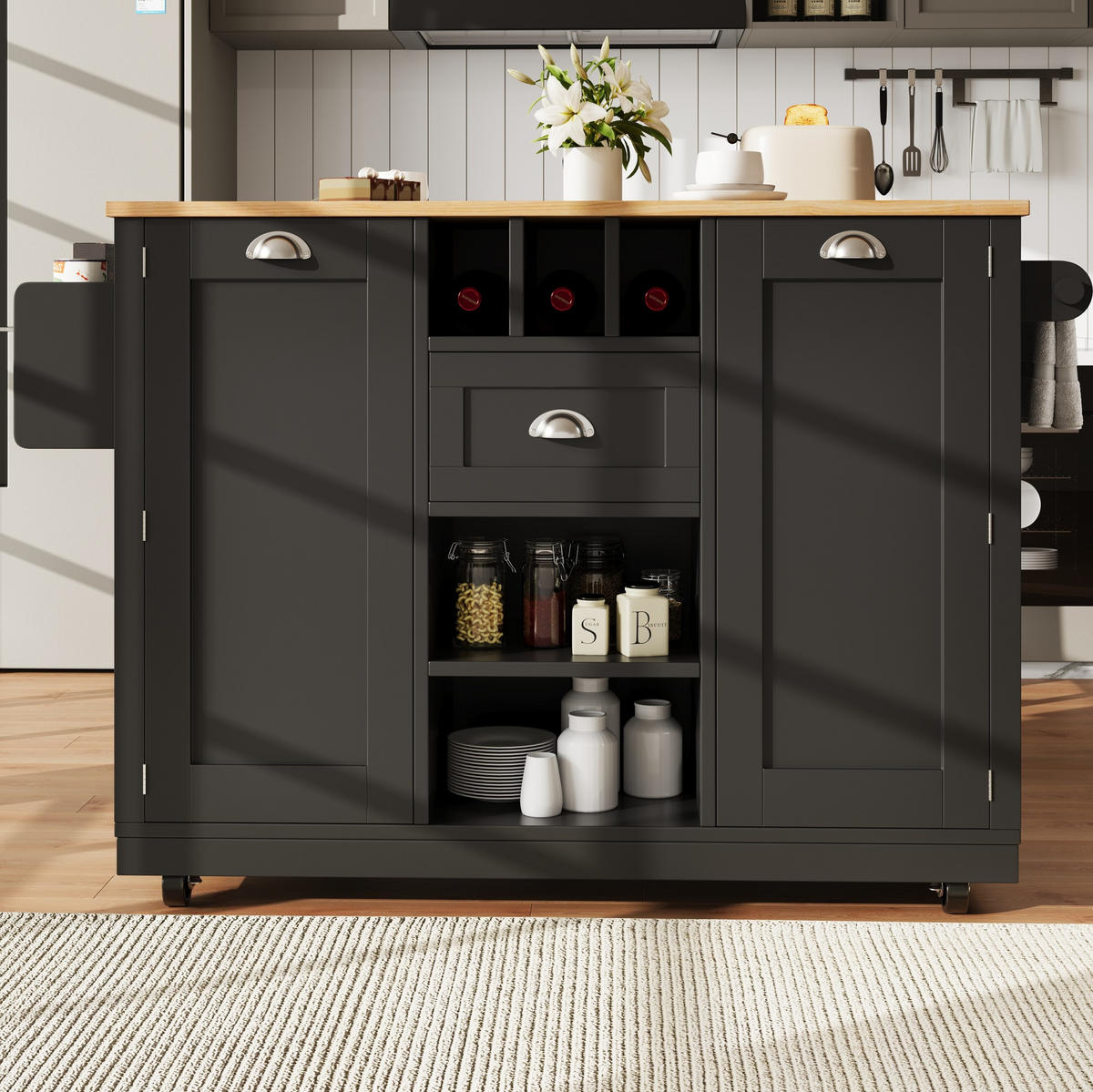 KÜCHENINSEL 140/40/93,5 cm aus MDF mit klappbarer Arbeitsplatte Schwarz - Schwarz, Holzwerkstoff (140/93.5/40cm) - Modenvie