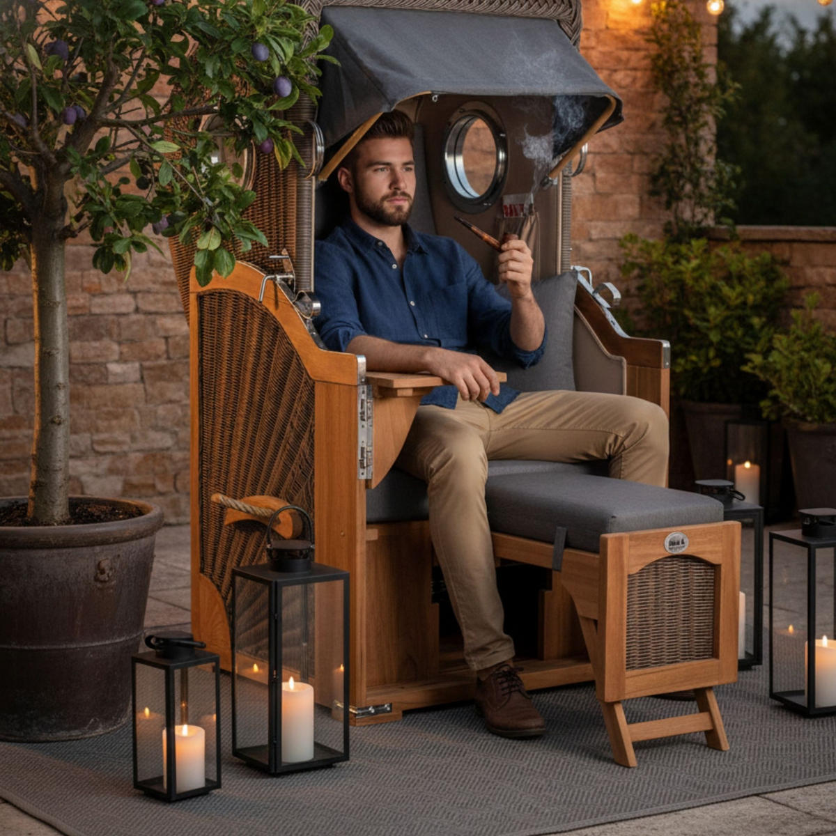 STRANDKORB Düne Single Teak 1-Sitzer - Braun/Grau, Holz/Textil (96/165/80cm) - Mr. Deko