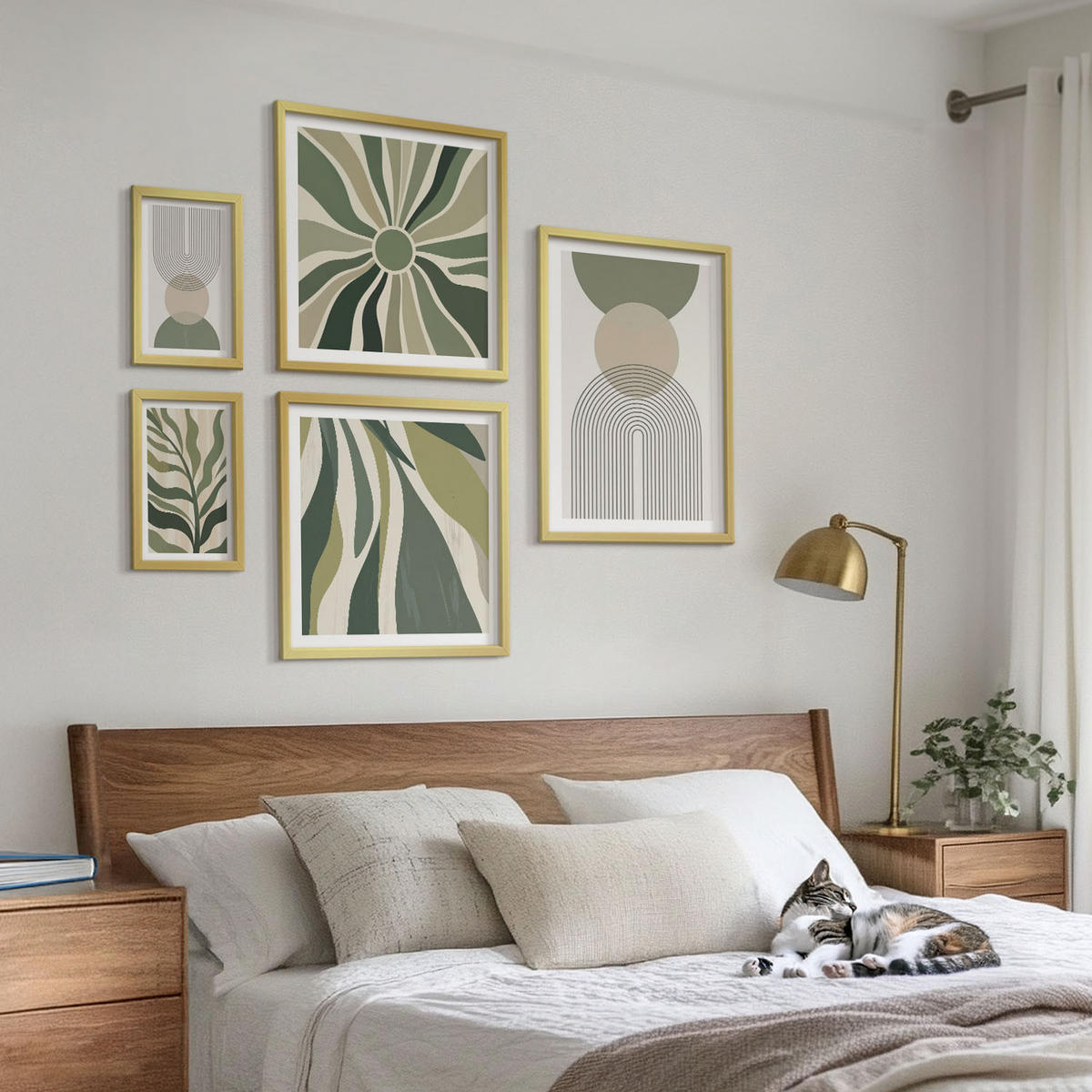 BILDER SET 5er Set - 50x50 cm & 20x30 cm & 40x60 cm Goldrahmen - Bemalte Blätter mit Grün - Goldfarben, Kunststoff (40/60cm) - TULUP