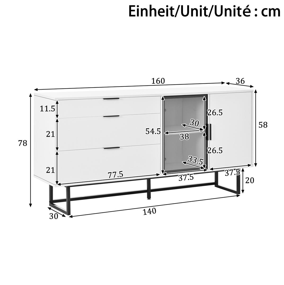 KOMMODE aus MDF & Spanplatte 160x36x78cm in Weiß mit LED-Beleuchtung - Weiß, Holzwerkstoff (160/78/36cm) - Modfu