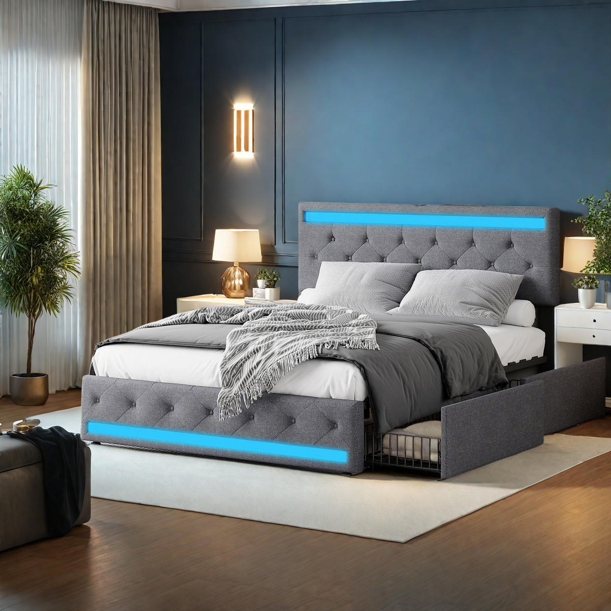 POLSTERBETT 140x190 cm Grau mit LED 4 Schubladen - Grau, Metall (140/200cm) - SHOPENTRA