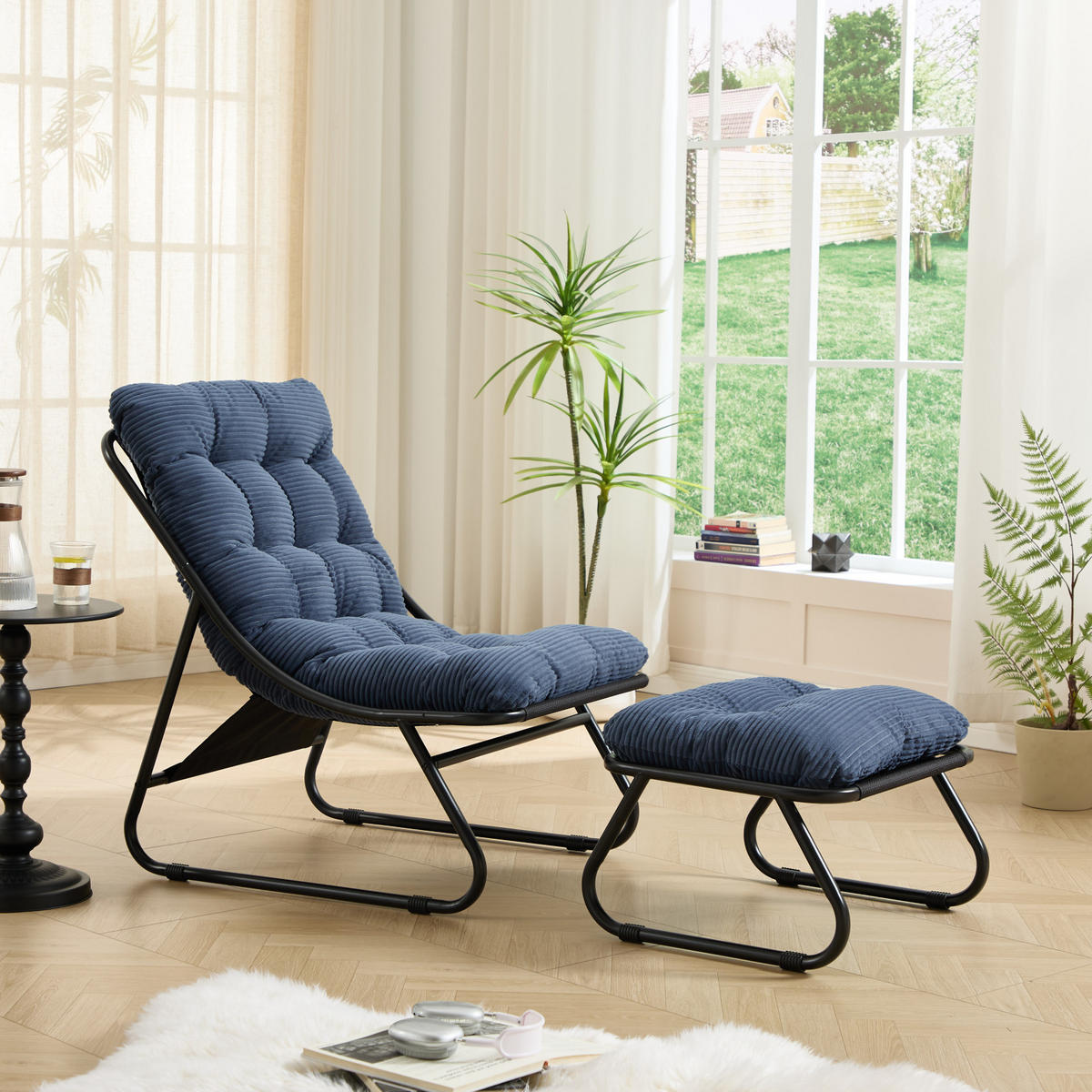 SCHAUKELSTUHL mit Dickem Kissen und Hocker,Blau Metallrahmen für Garten Balkon Wohnzimmer - Blau, Metall (65/86/78cm) - PARAFTA HOME