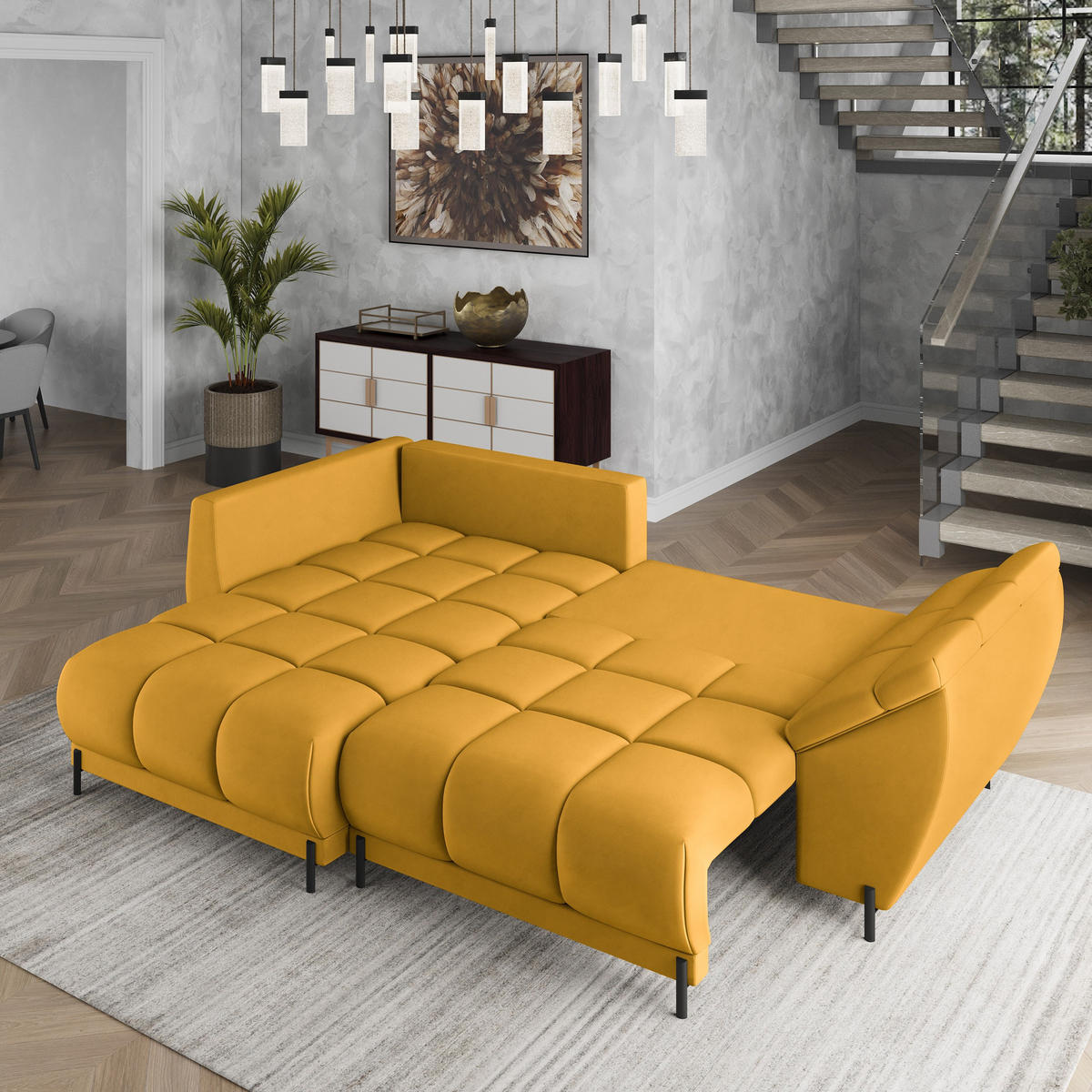 ECKSOFA VESTANO L-S Gelb Velours-Stoff mit Schlaffunktion - Gelb, Holz (287/182cm) - MASSENO