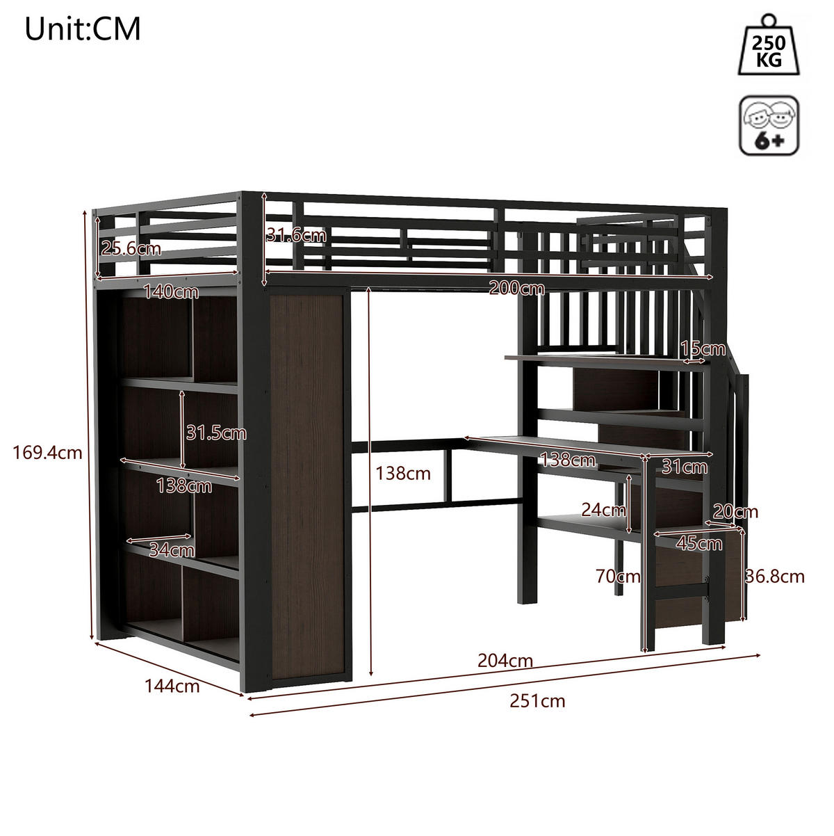 HOCHBETT 140/200 cm aus Metall mit Schreibtisch, Stauraumstufen und LED-Lichtleiste Schwarz - Schwarz, Metall (140/200cm) - Modenvie