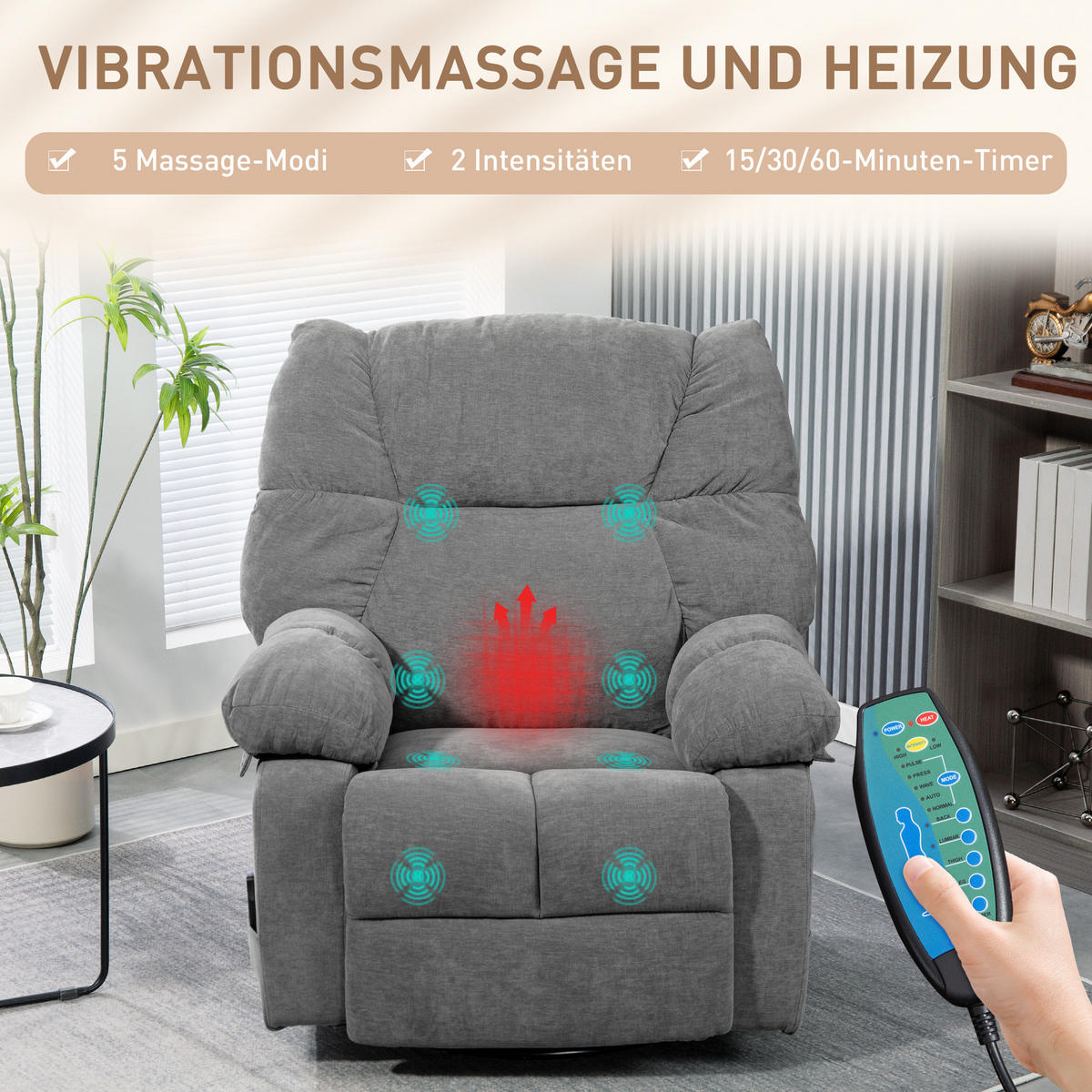 RELAXSESSEL mit Massagefunktion Drehbarer Massagesessel Fernbedienung Dunkelgrau - Dunkelgrau/Schwarz, Textil/Metall (90/98/98cm) - HOMCOM