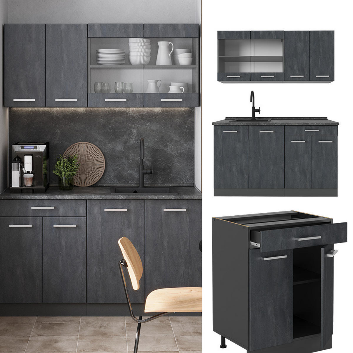 SINGLEKÜCHE R-Line Schwarz Beton/Anthrazit 140 cm ohne AP - Anthrazit/Schwarz, Holzwerkstoff (140/81.6/46cm) - Vicco