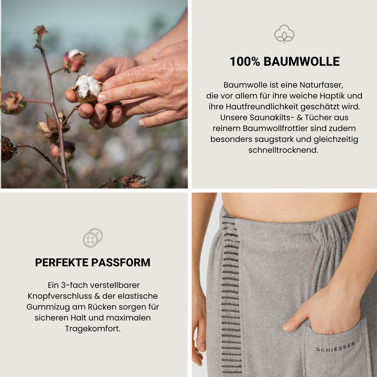 SAUNAKILT Rom Herren - 46-54 - Hellgrau - Hellgrau, Textil (55/150cm) - SCHIESSER