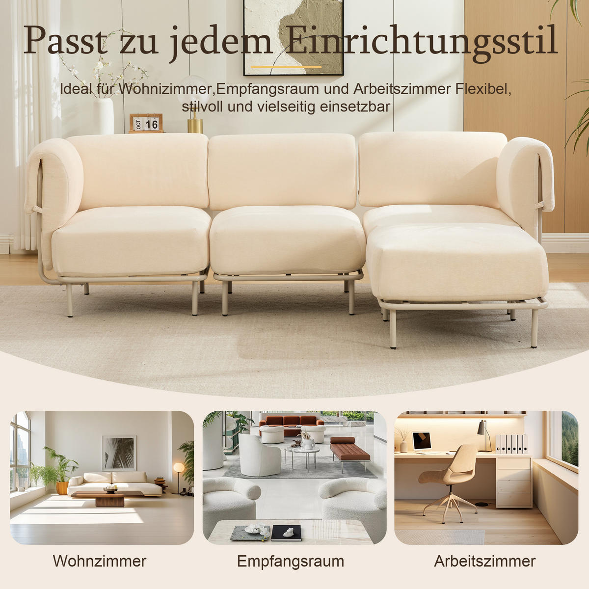 ECKSOFA 251/155/78 cm Beige Chenille mit 1 Fußhocker - Beige/Schwarz, Textil (155/251cm) - Oxeza