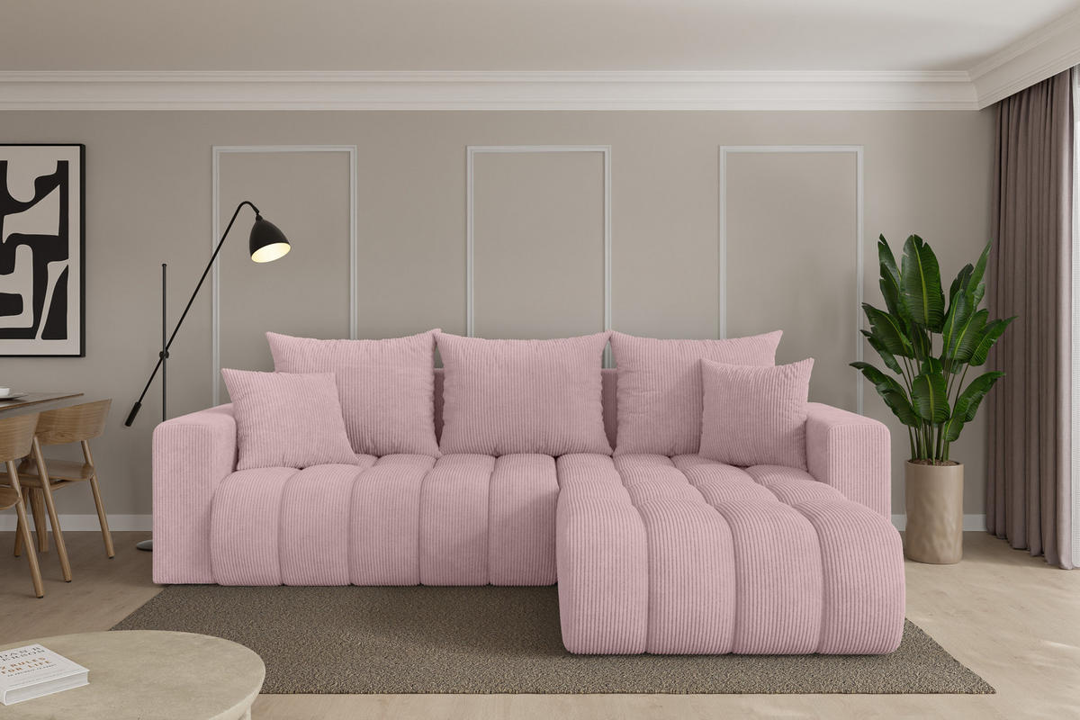 ROHOVÁ SEDAČKA s funkcí spaní, otoman vpravo MILA-L-v1 277x195x86 růžová manšestr - růžová/černá, kompozitní dřevo/textil (277/194cm) - ALTDECOR
