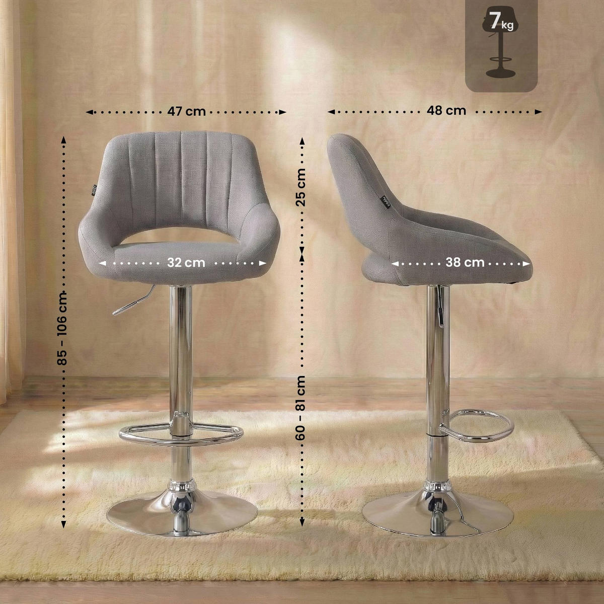 BARHOCKER Milet 48x47x85 cm grau - Grau, Textil (47/85/48cm) - furnicato
