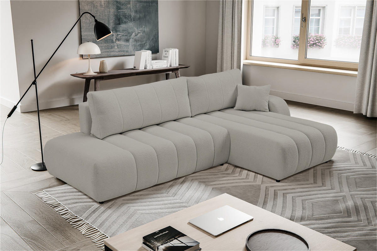 ECKSOFA Baloo mit Schlaffunktion und Bettkasten, komfortable Polsterung, Stoffbezug, lose Rückenkissen, freistehend, RECHTS, 276x176x88 cm, Light Grey - Hellgrau, Holz/Textil (276/176cm) - DomoHome