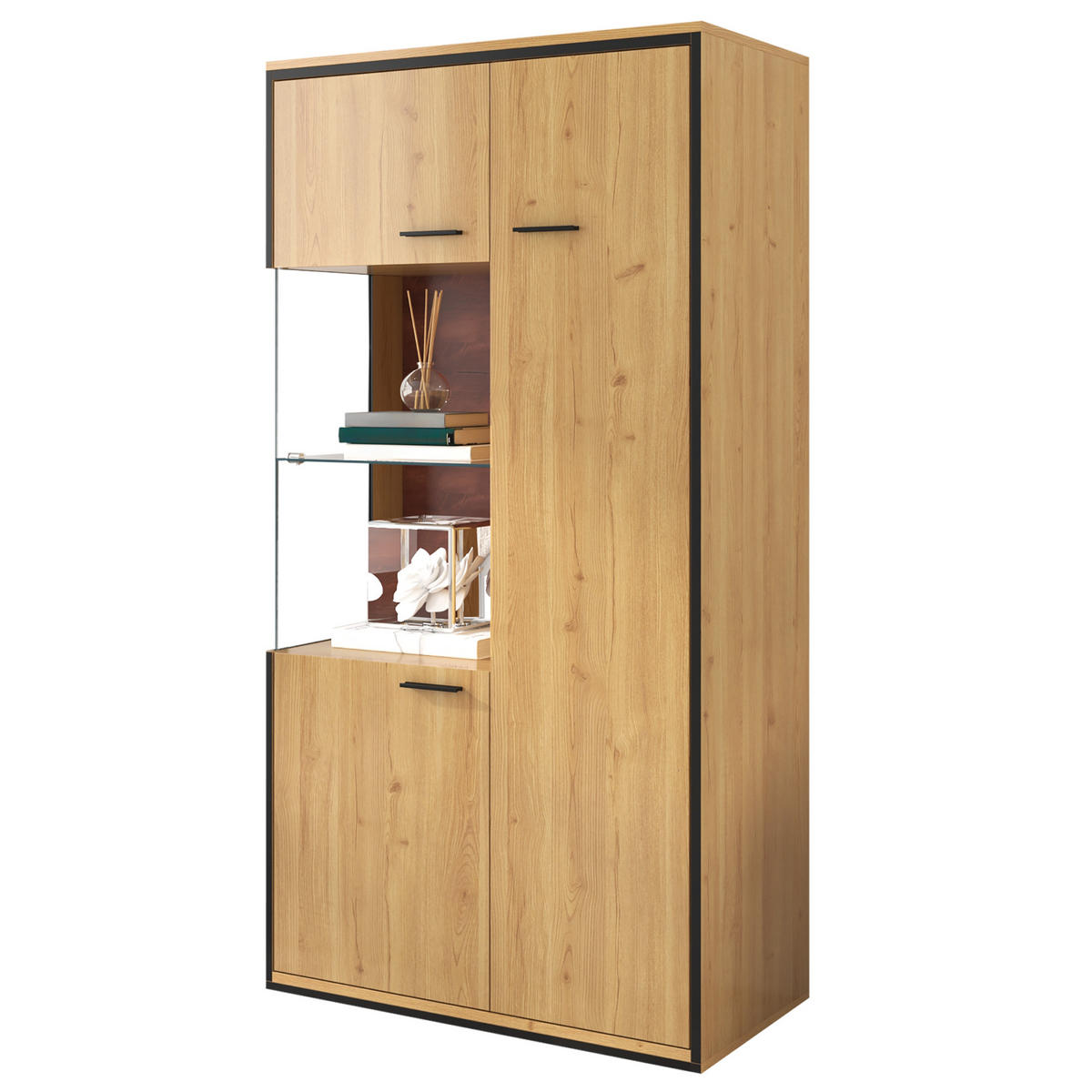 VITRINE LED 150 cm Glastür Stauraum - Naturfarben, Holz (77.5/150/40cm) - Fortuna Lai