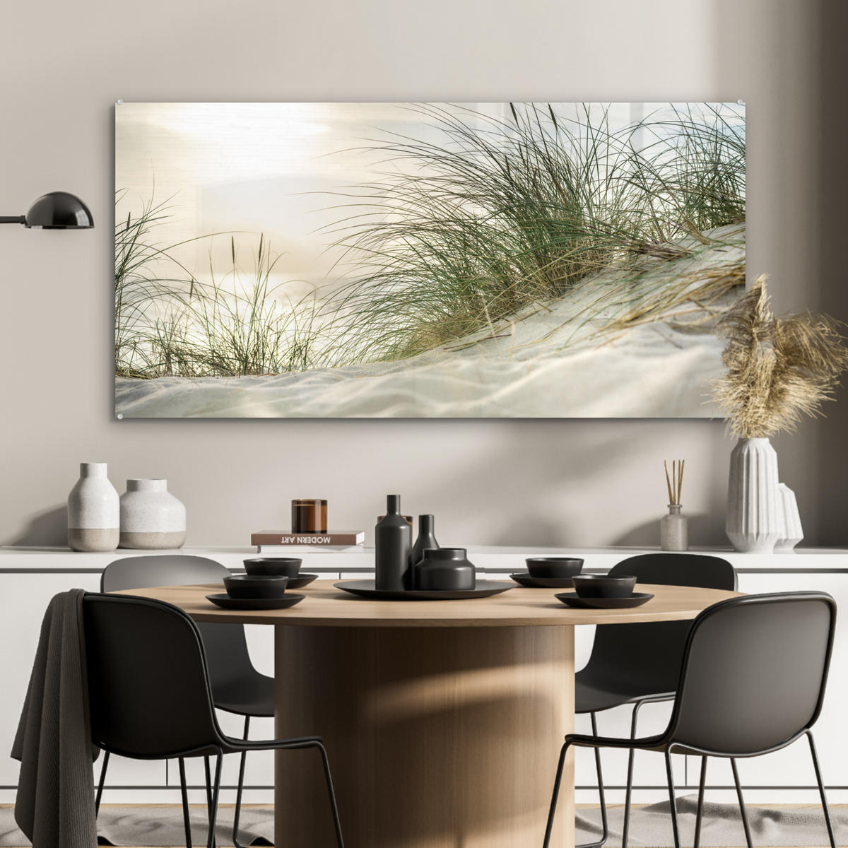 OBRAZ NA AKRYLOVOM SKLE Duny s marramovou trávou pod slnkom nemeckého národného parku Schleswig-Holsteinisches Wattenmeer 120x60 cm - krémová, sklo (120/60cm) - MuchoWow