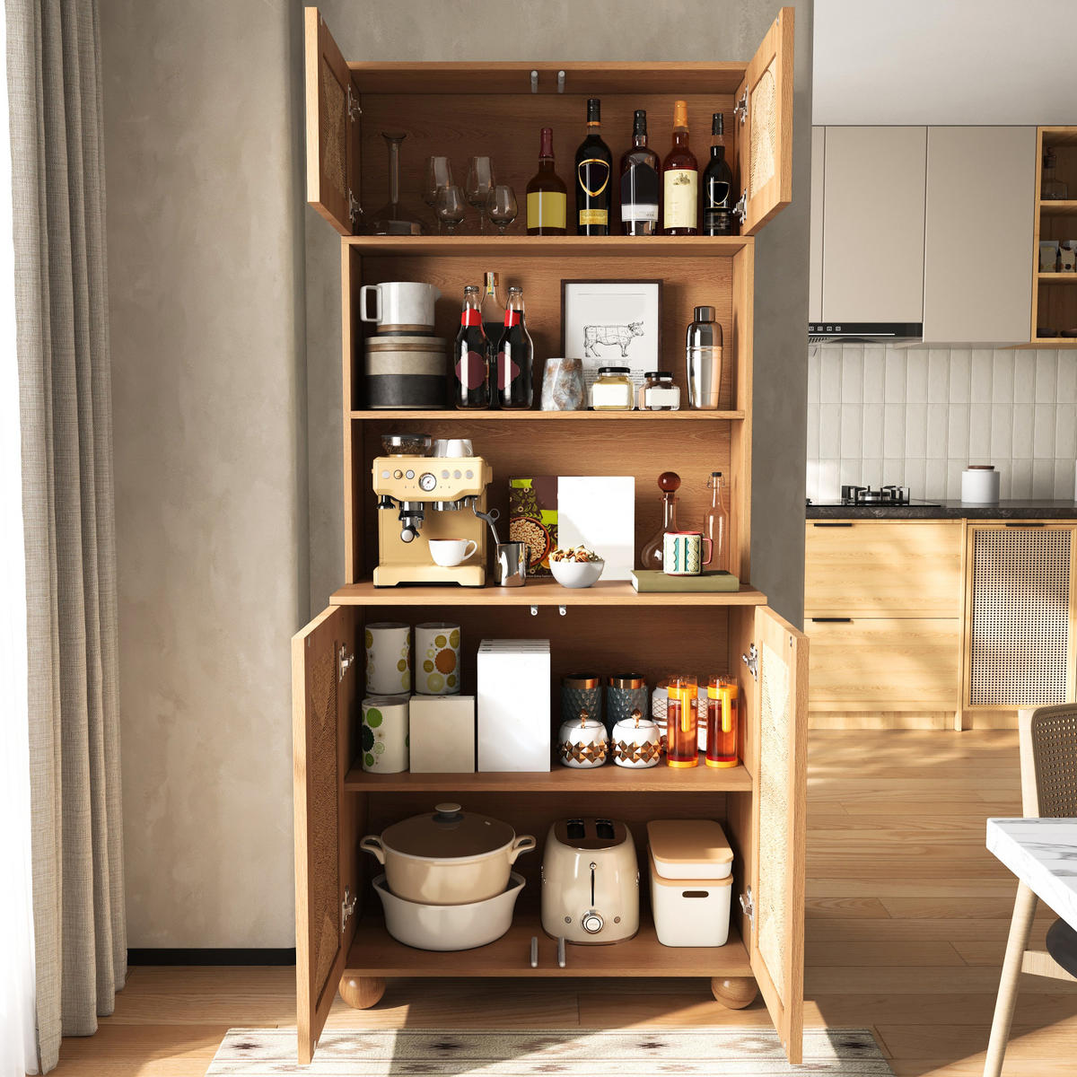 SIDEBOARD Hochschrank Seilgeflecht Türen Stauraum Holzfüße Modern - Naturfarben, Holzwerkstoff (80/180/40cm) - FLIEKS
