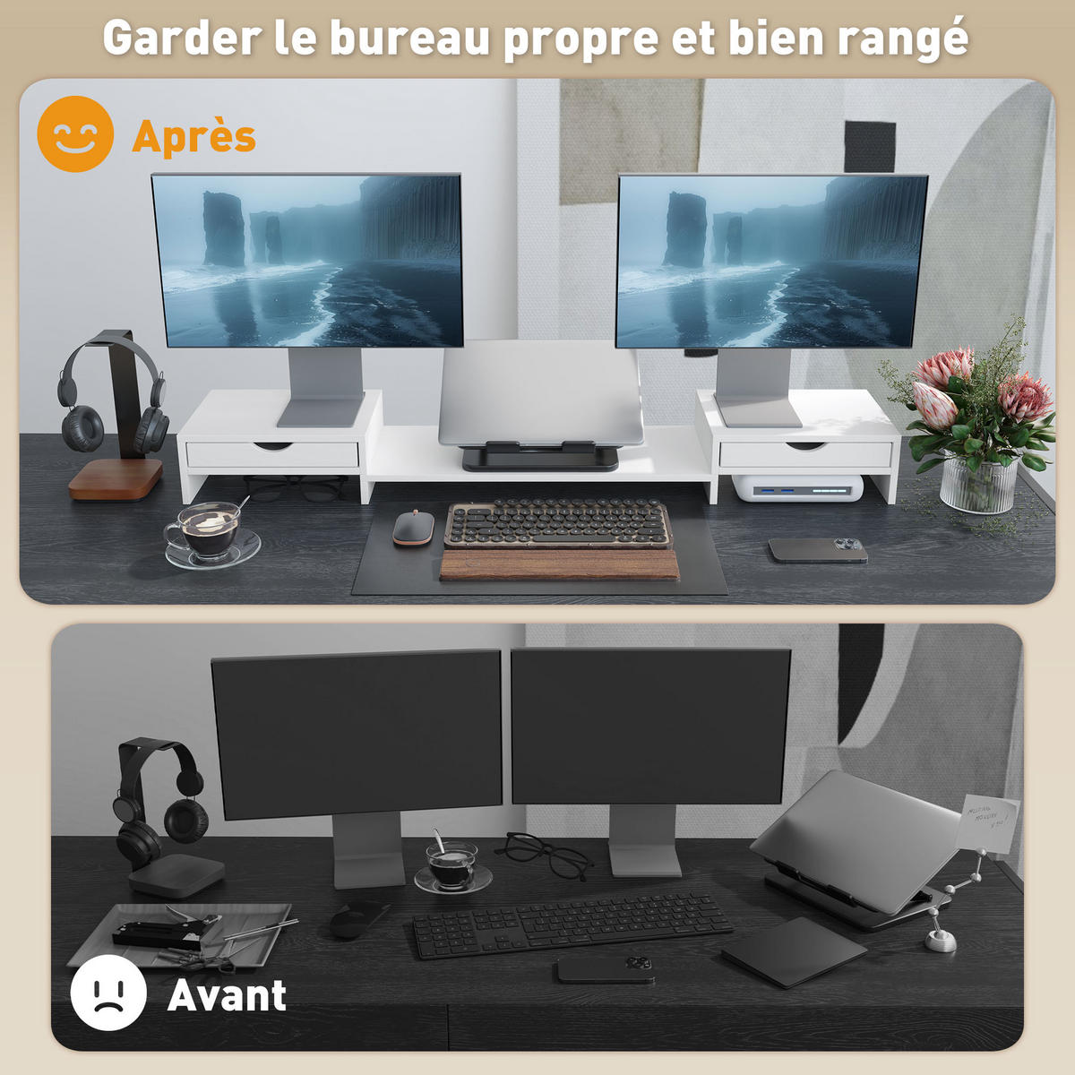 MONITORSTÄNDER DE-16700 ausziehbar 60-116 cm, 2 Schubladen, neigbar - Weiß, Holzwerkstoff (60/22/12cm) - ComfortXL