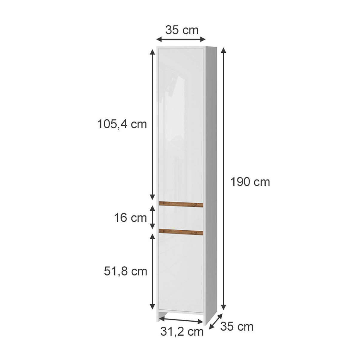 BADSCHRANK Detmold Weiß Hochglanz/Goldkraft Eiche 35 x 190 cm - Honigeiche/Weiß Hochglanz, Holzwerkstoff (35/190/35cm) - Vicco