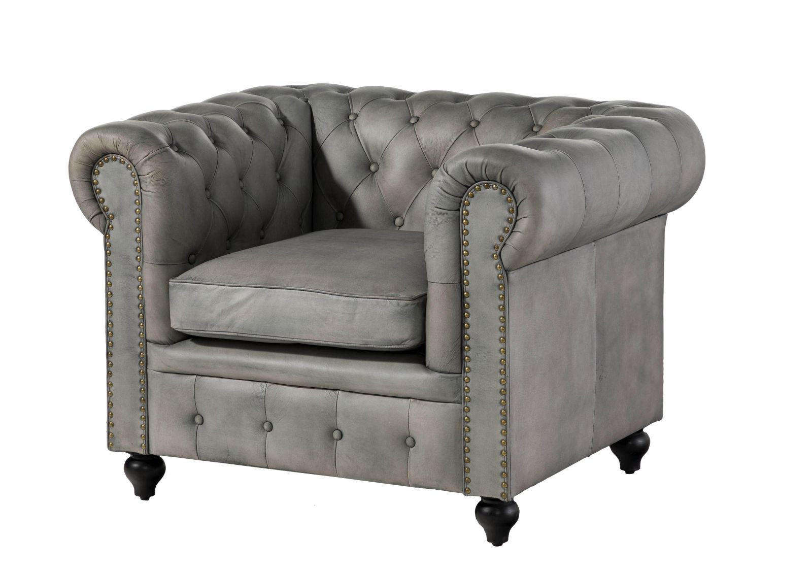 SESSEL Echtleder 105x82x75 grau CHESTERFIELD #202 - Grau, Leder (105/75/82cm) - Massivmoebel24