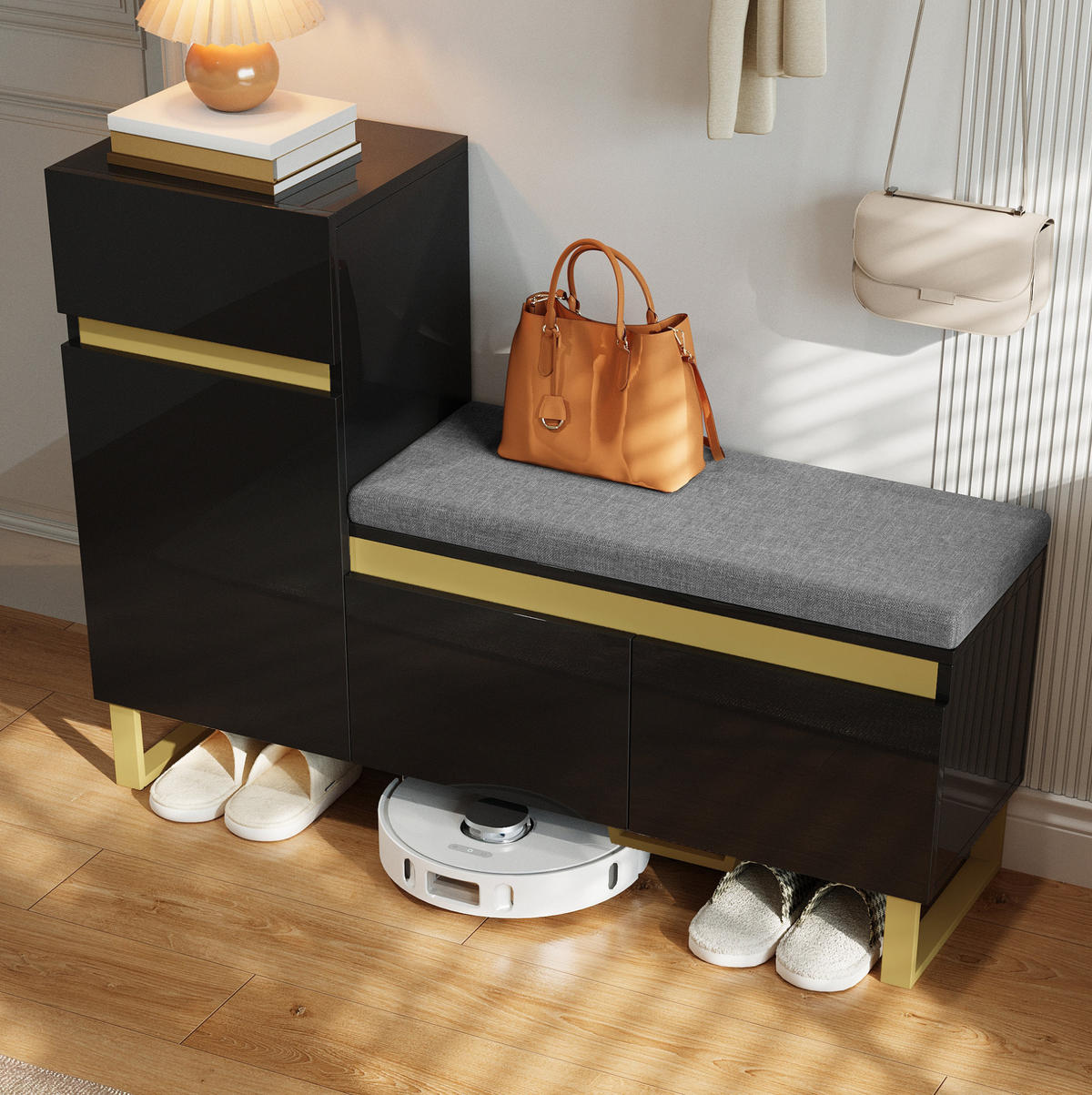 SCHUHSCHRANK 120/35/85 cm in Schwarz mit Sitzkissen, 1 Schublade und 2 Türen - Schwarz, Holzwerkstoff (120/85/35cm) - BEAOK