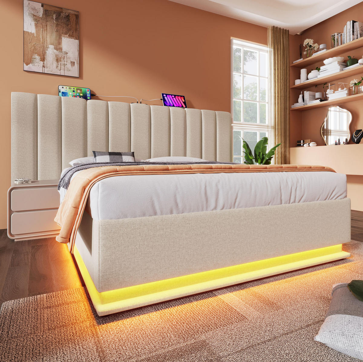 POLSTERBETT mit Stauraum, LED & Ladefunktion 160x200 cm Leinen Beige - Beige, Metall (160/200cm) - Meubliv